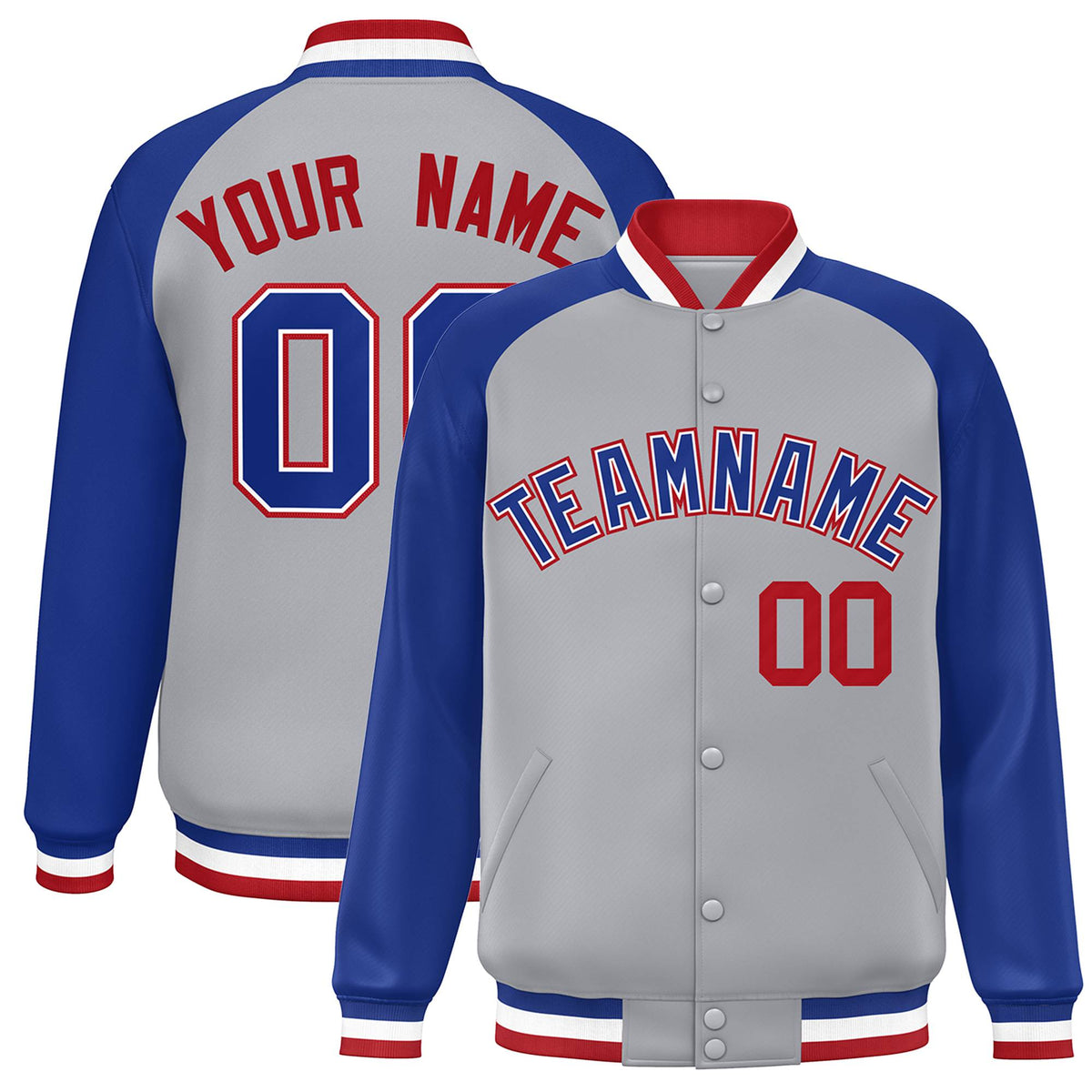 Custom Gray Thunder-Blue Red Bomber Raglan Sleeves Varsity Letterman Jacket