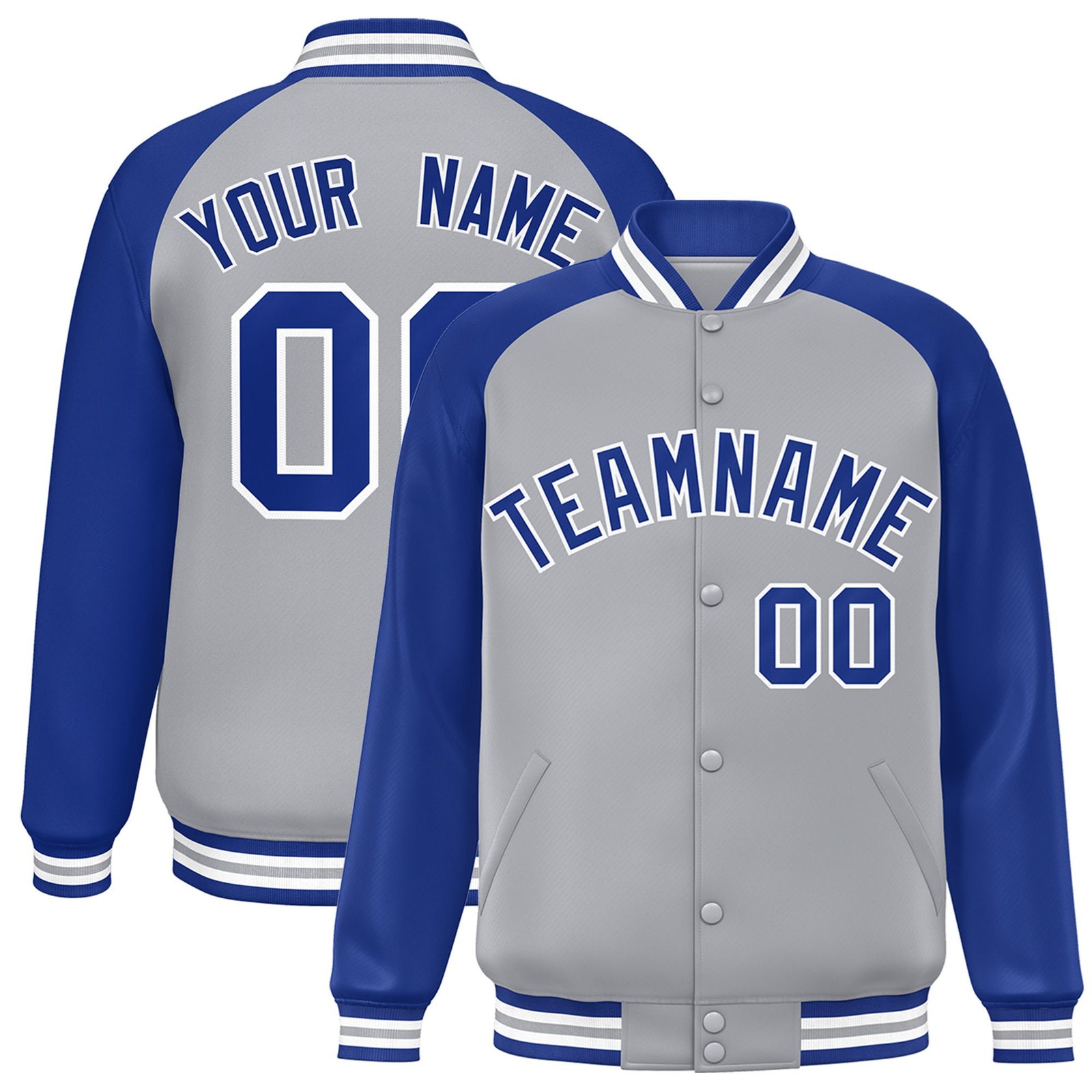 Custom Gray Thunder-Blue Black Bomber Raglan Sleeves Varsity Letterman Jacket