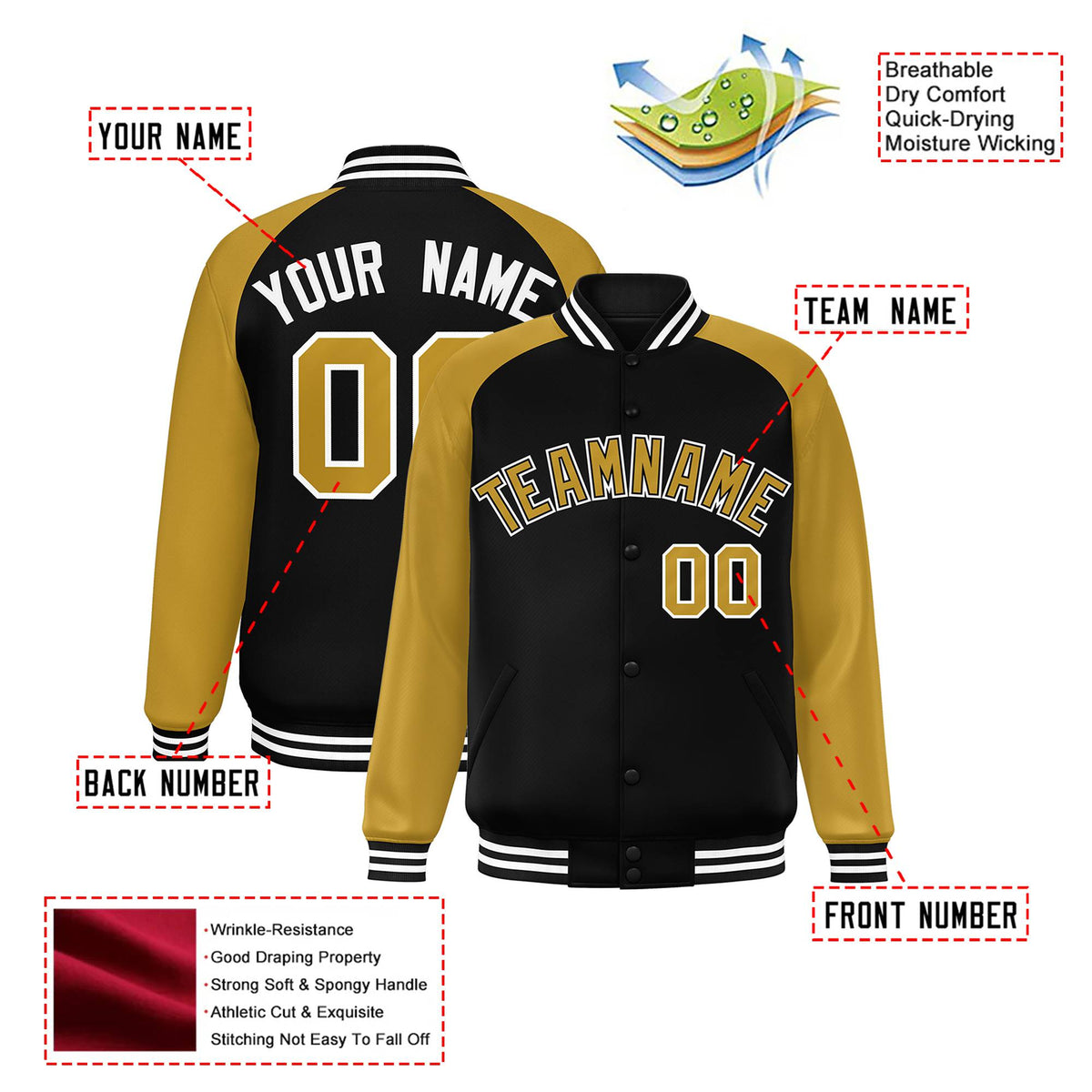 Custom Black Old-Gold White Bomber Raglan Sleeves Varsity Letterman Jacket