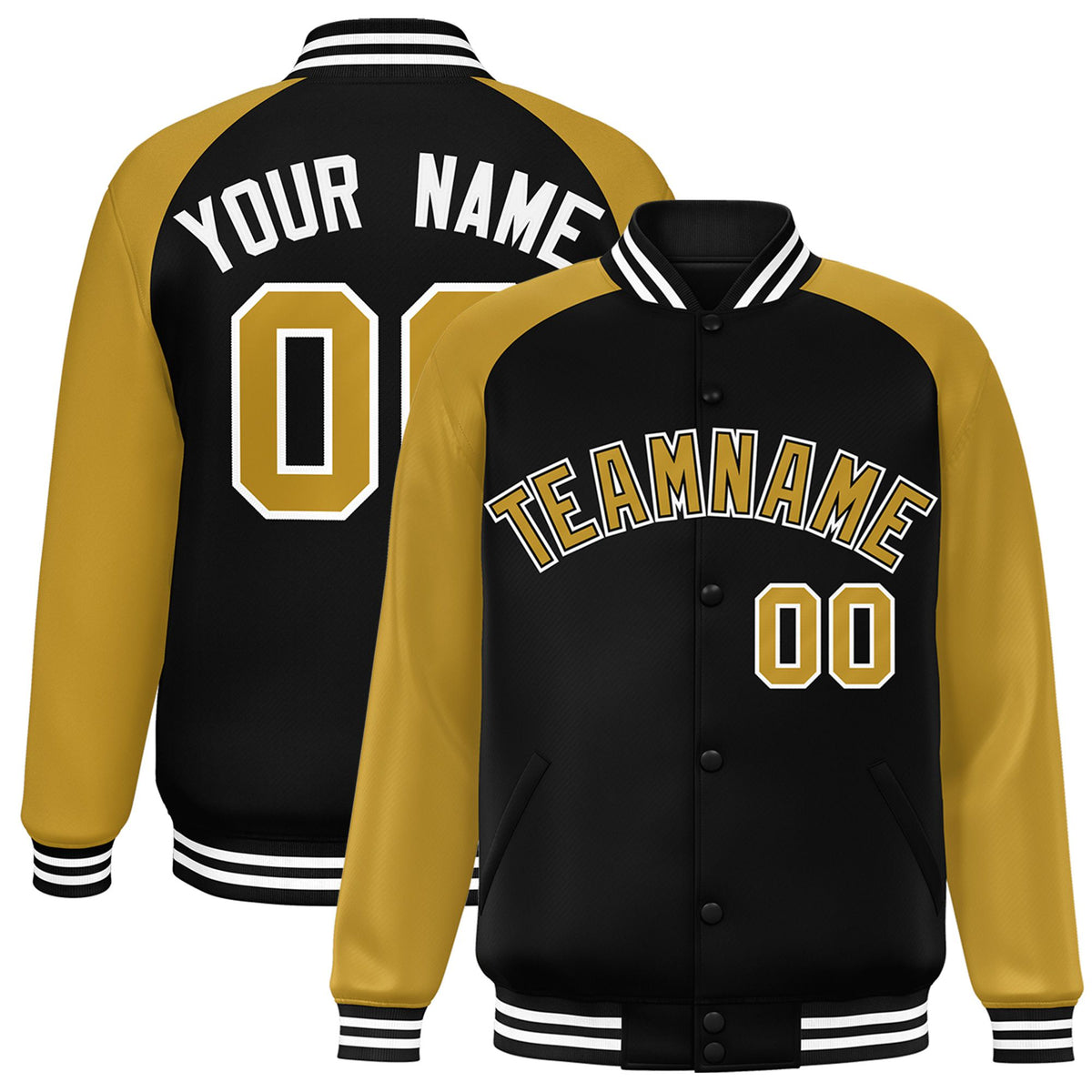 Custom Black Old-Gold White Bomber Raglan Sleeves Varsity Letterman Jacket