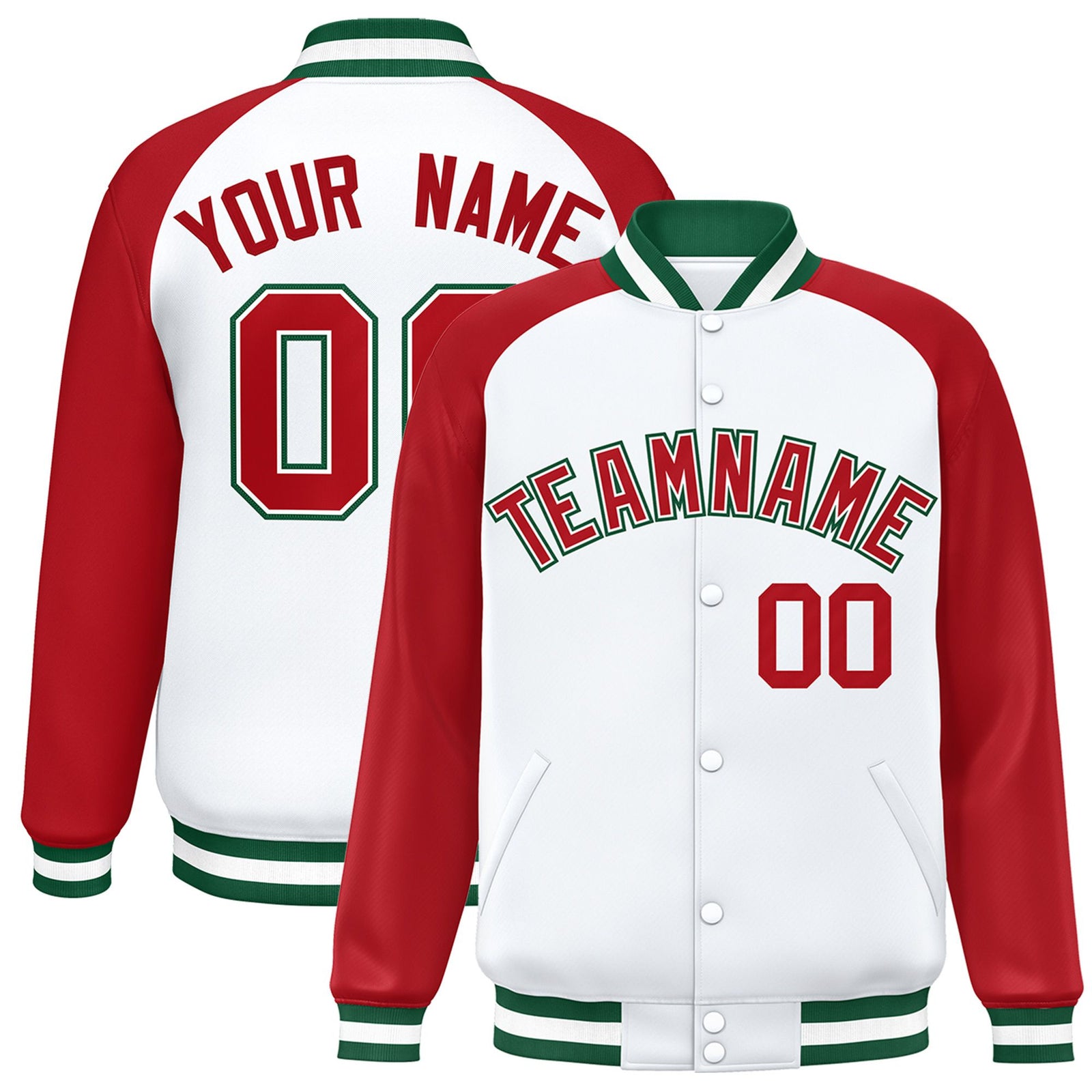 Custom White Royal-Red Green Bomber Raglan Sleeves Varsity Letterman Jacket