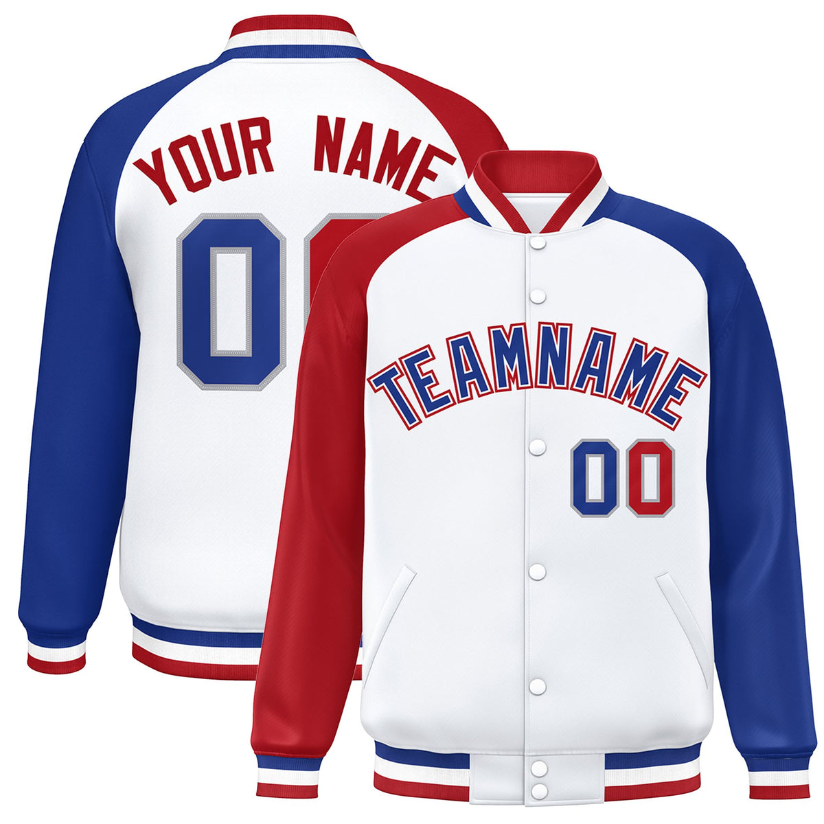Custom White Royal-Red Thunder-Blue Bomber Raglan Sleeves Varsity Letterman Jacket