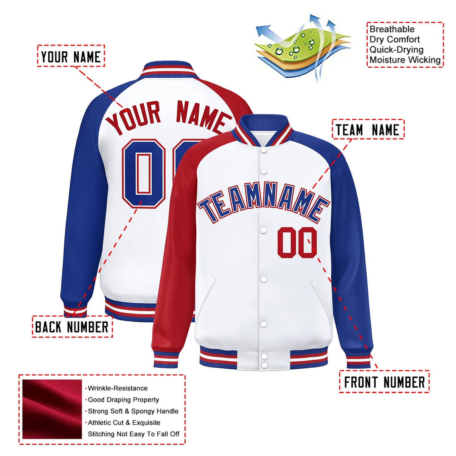 Custom White Royal-Red Thunder-Blue Bomber Raglan Sleeves Varsity Letterman Jacket