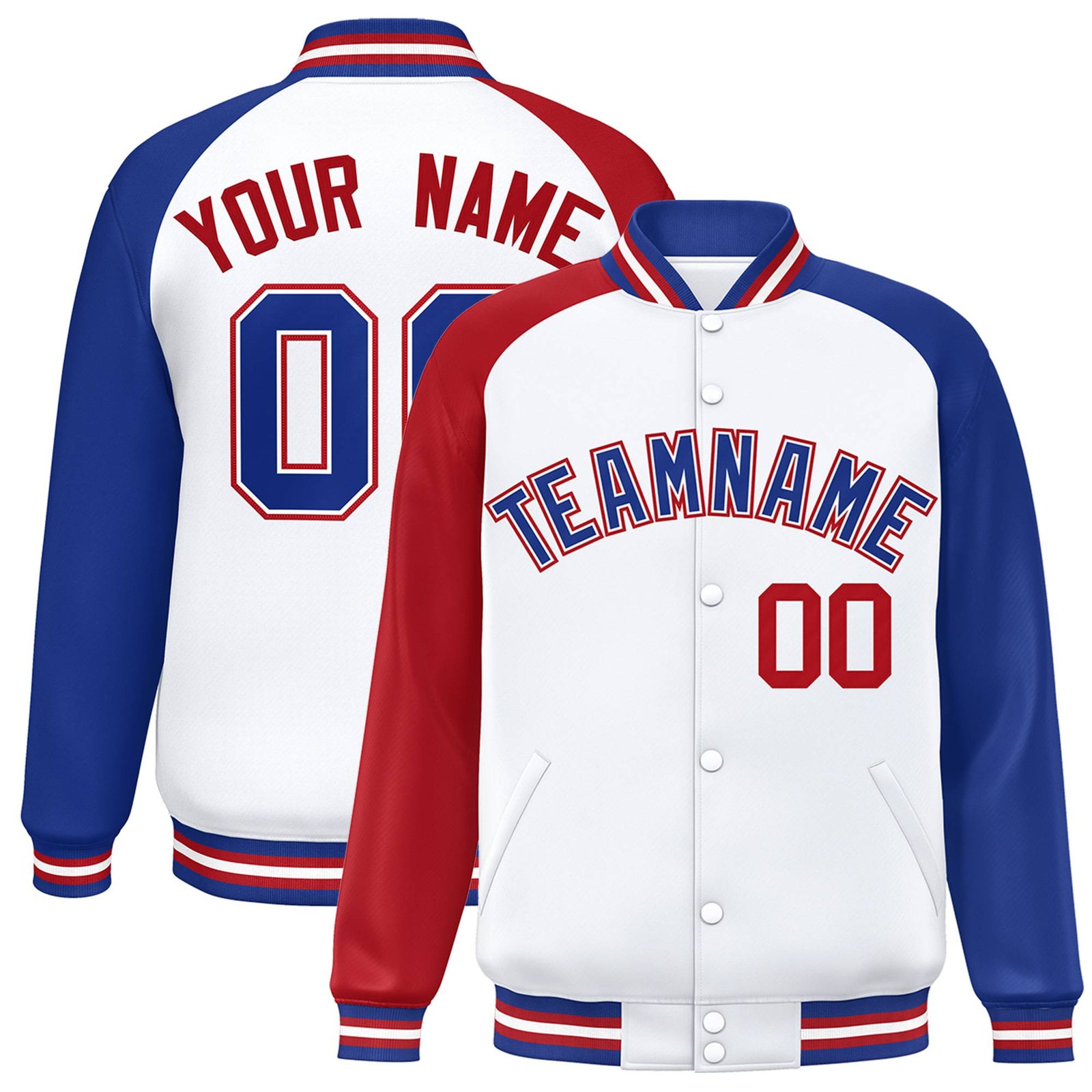 Custom White Royal-Red Thunder-Blue Bomber Raglan Sleeves Varsity Letterman Jacket