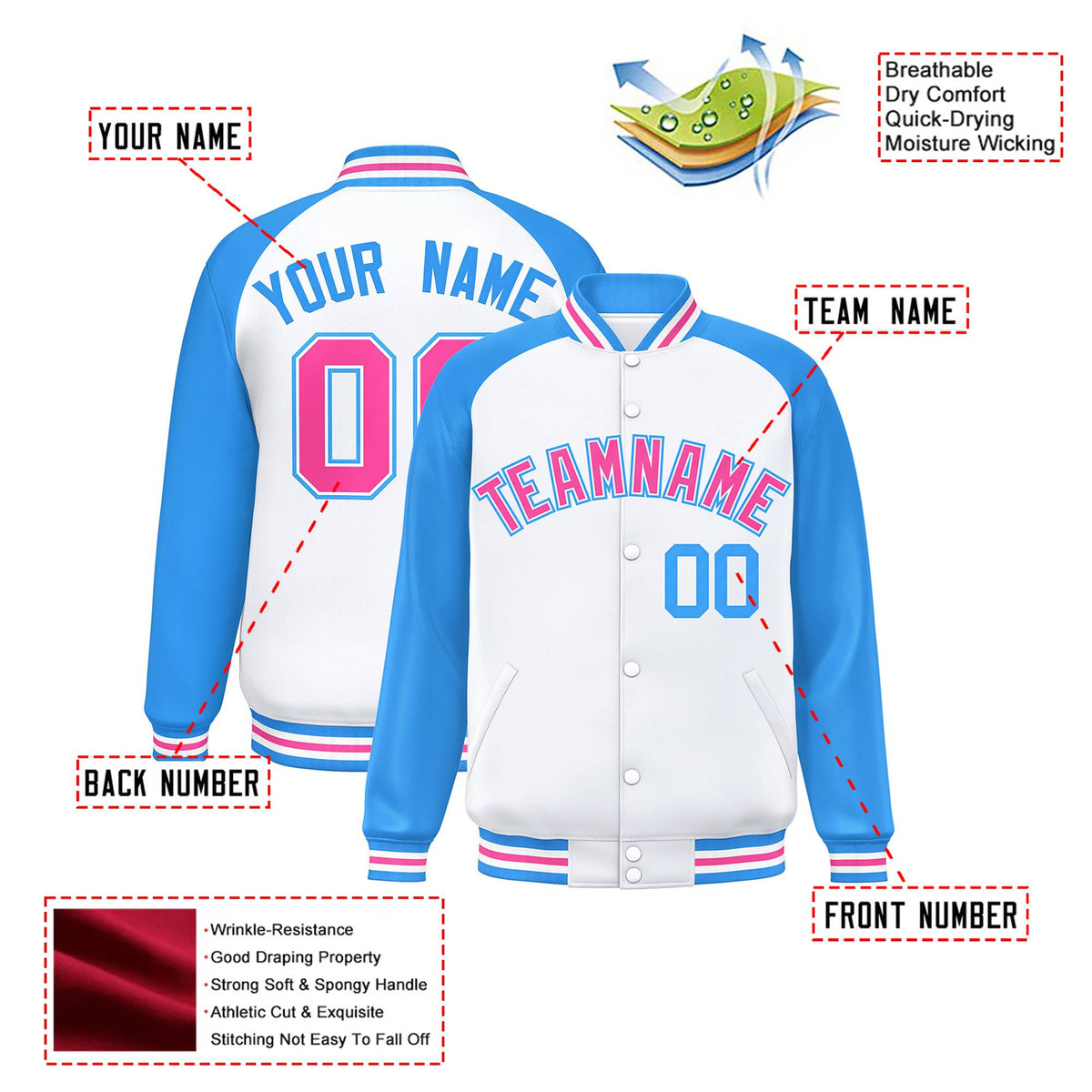 Custom White Light-Blue Pink Bomber Raglan Sleeves Varsity Letterman Jacket