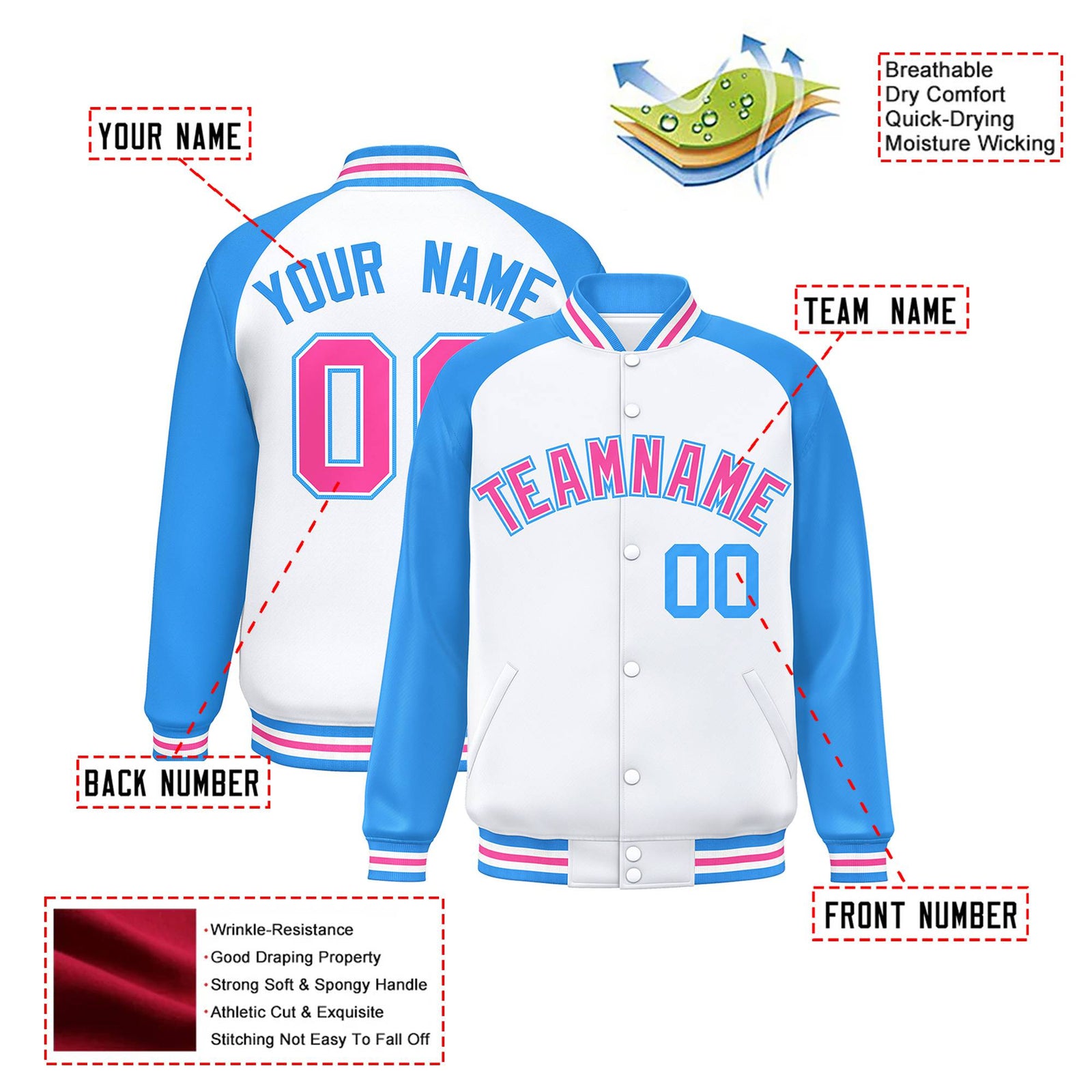Custom White Light-Blue Pink Bomber Raglan Sleeves Varsity Letterman Jacket