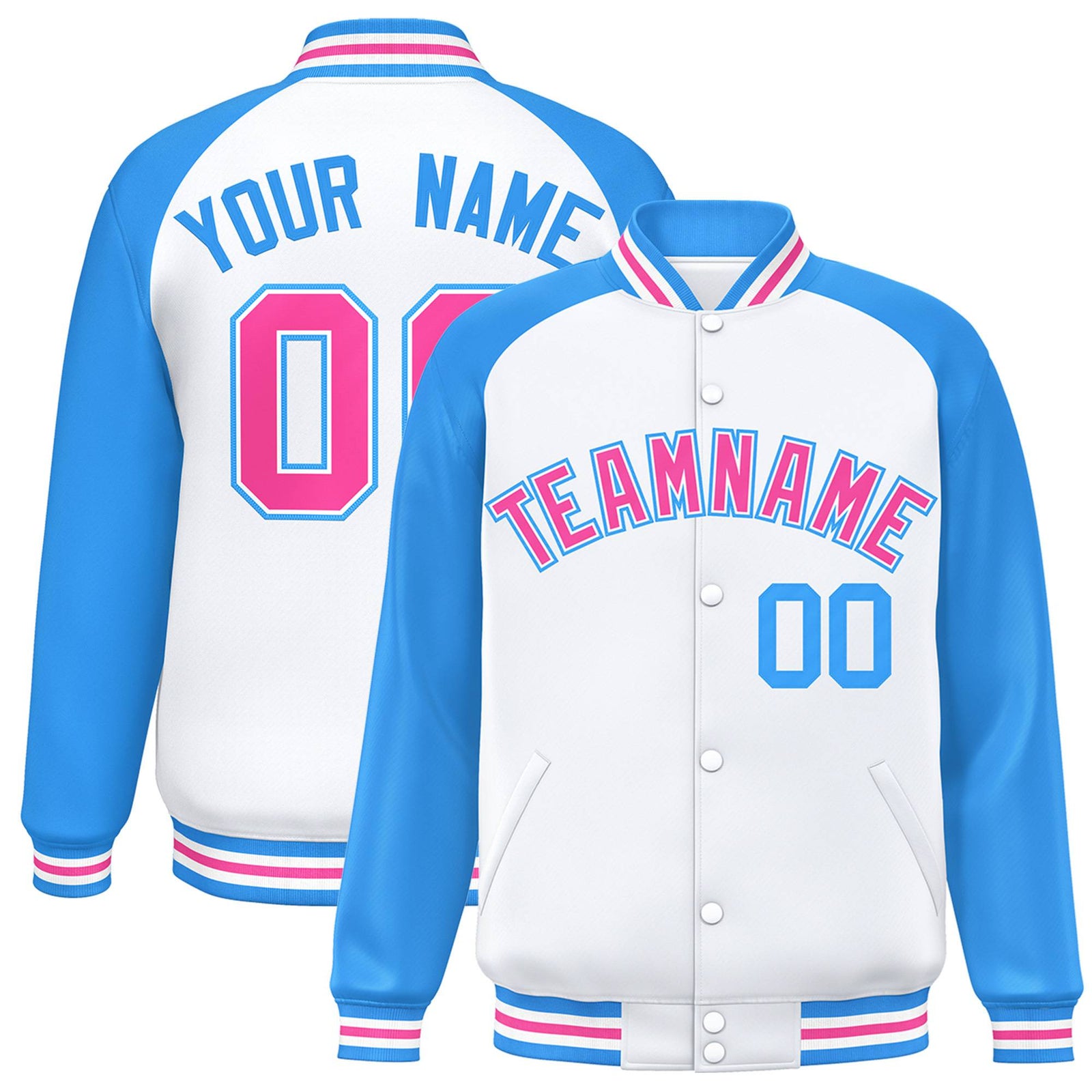 Custom White Light-Blue Pink Bomber Raglan Sleeves Varsity Letterman Jacket
