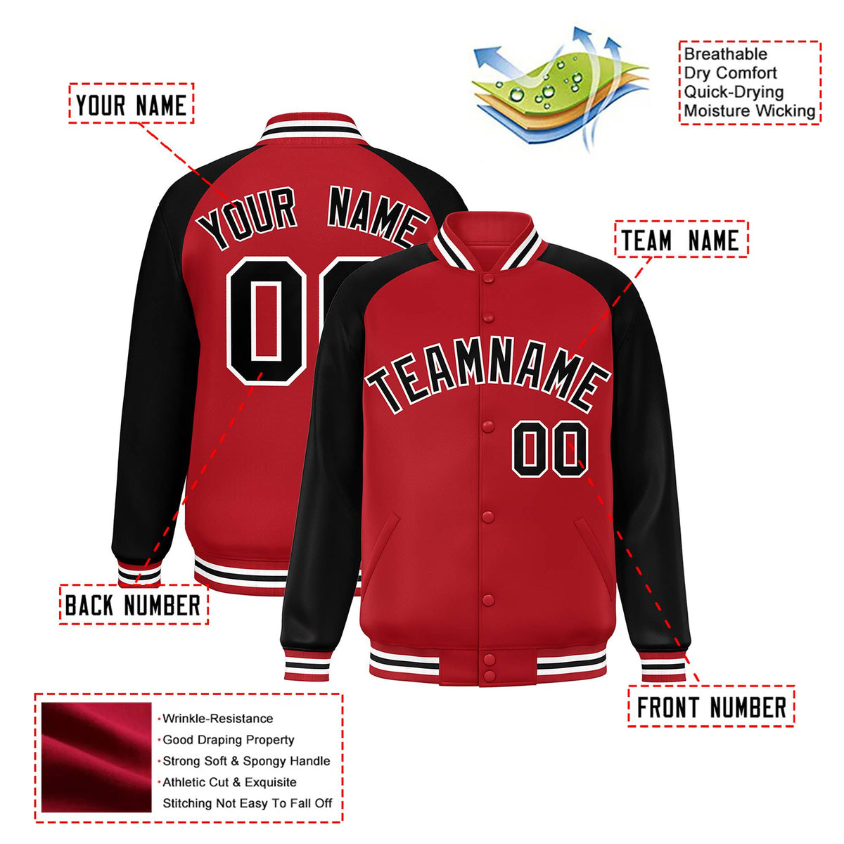 Custom Royal-Red Black-White Bomber Raglan Sleeves Varsity Letterman Jacket