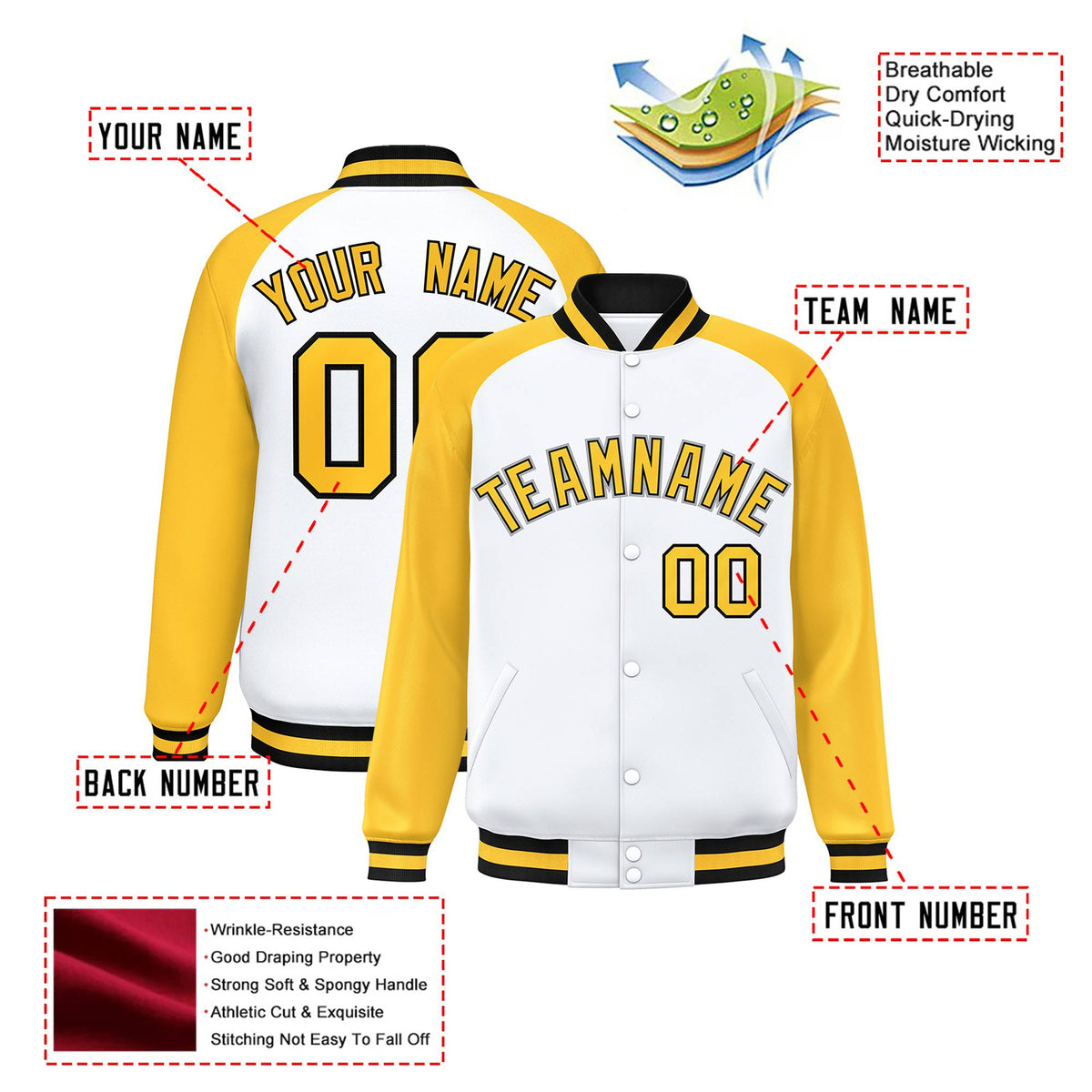 Custom White-Yellow-Black Bomber Raglan Sleeves Varsity Letterman Jacket