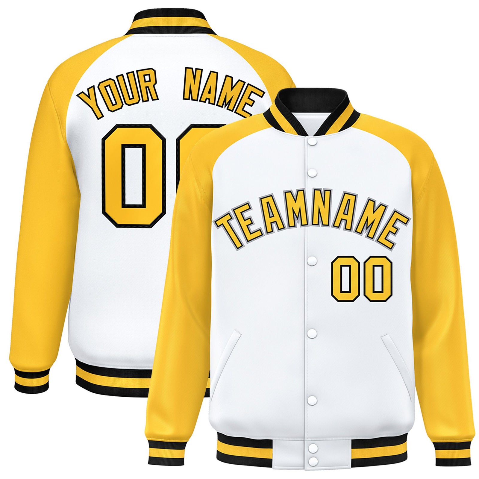 Custom White-Yellow-Black Bomber Raglan Sleeves Varsity Letterman Jacket