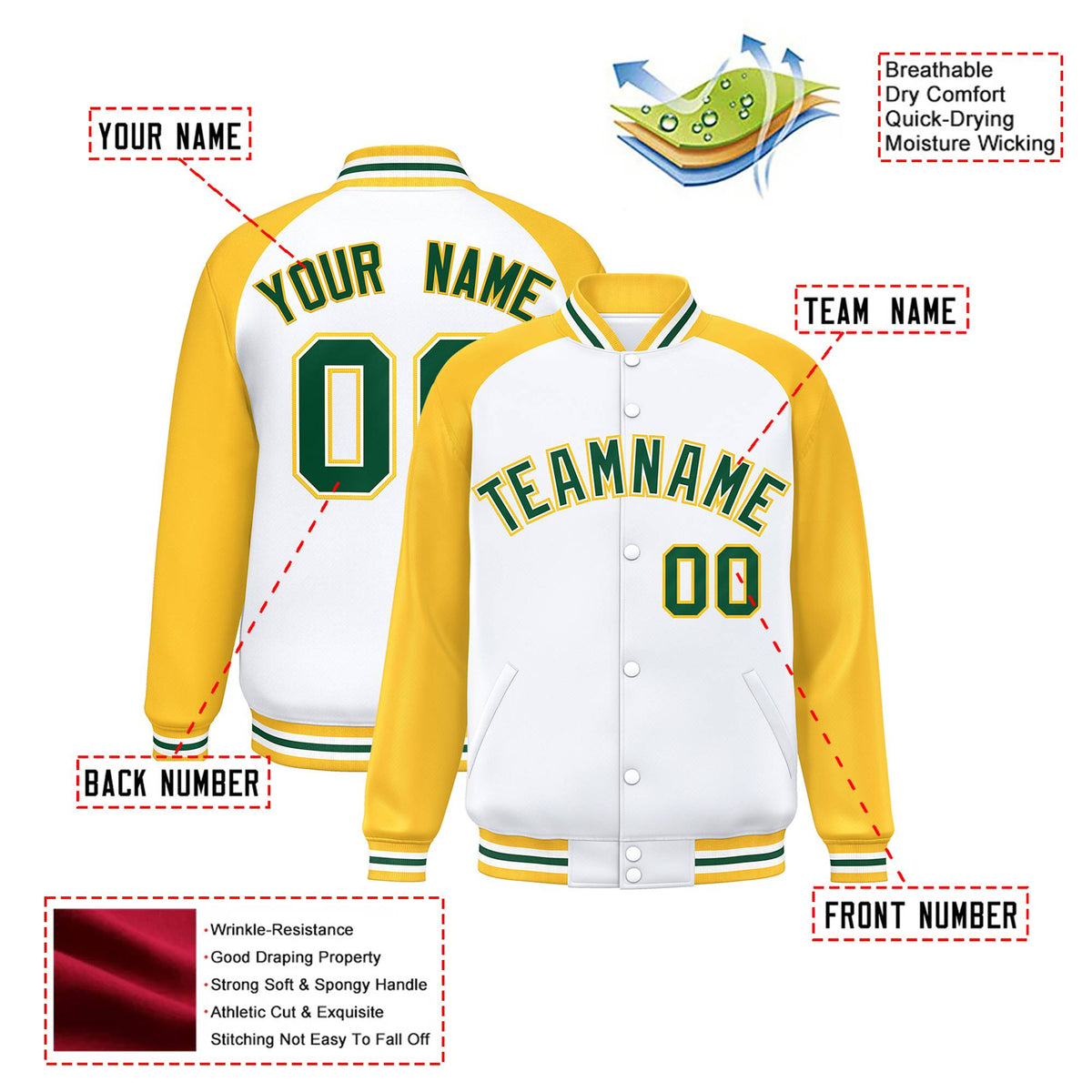 Custom White-Yellow Neon-Green Bomber Raglan Sleeves Varsity Letterman Jacket