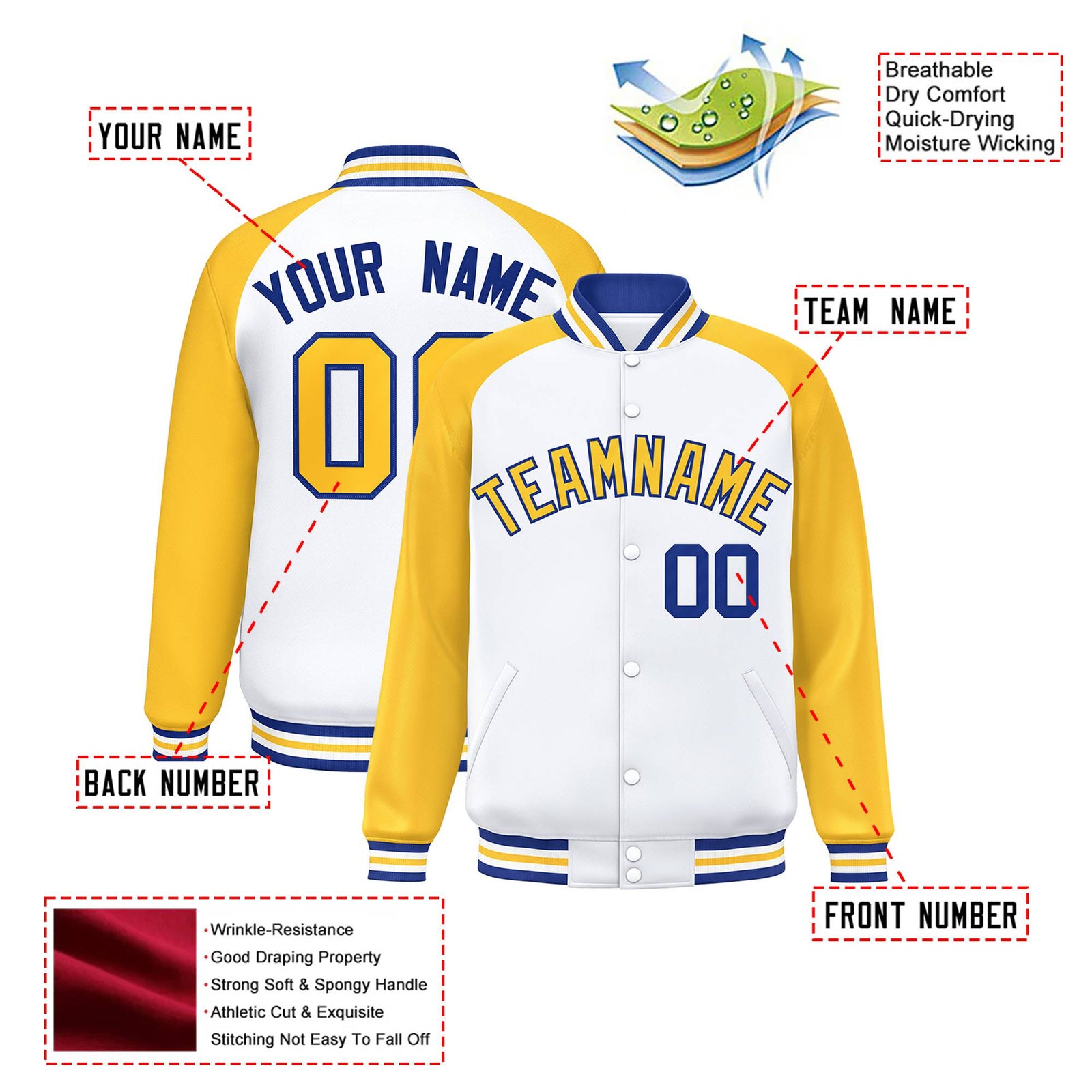 Custom White-Yellow Purple Bomber Raglan Sleeves Varsity Letterman Jacket