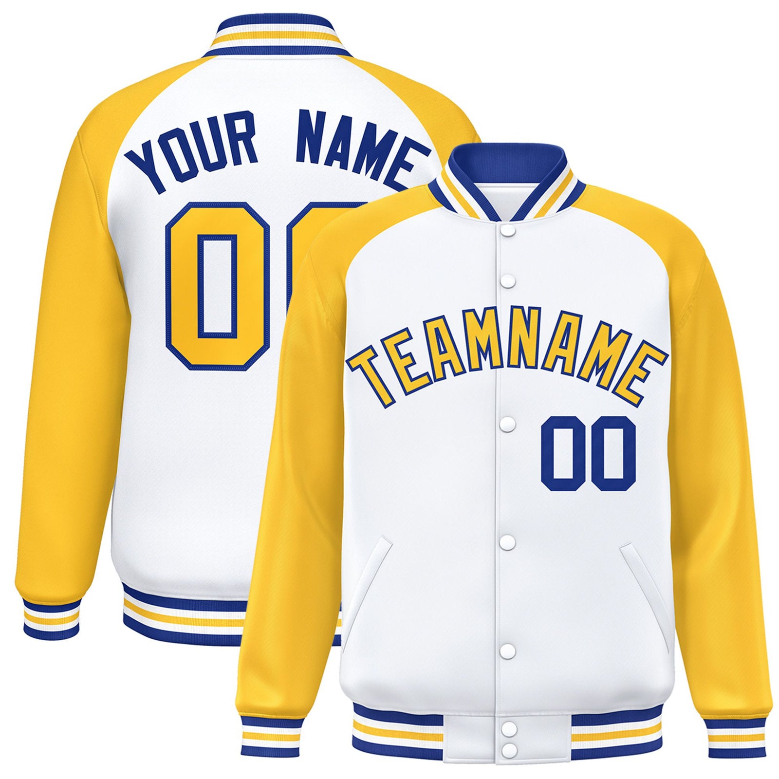 Custom White-Yellow Purple Bomber Raglan Sleeves Varsity Letterman Jacket