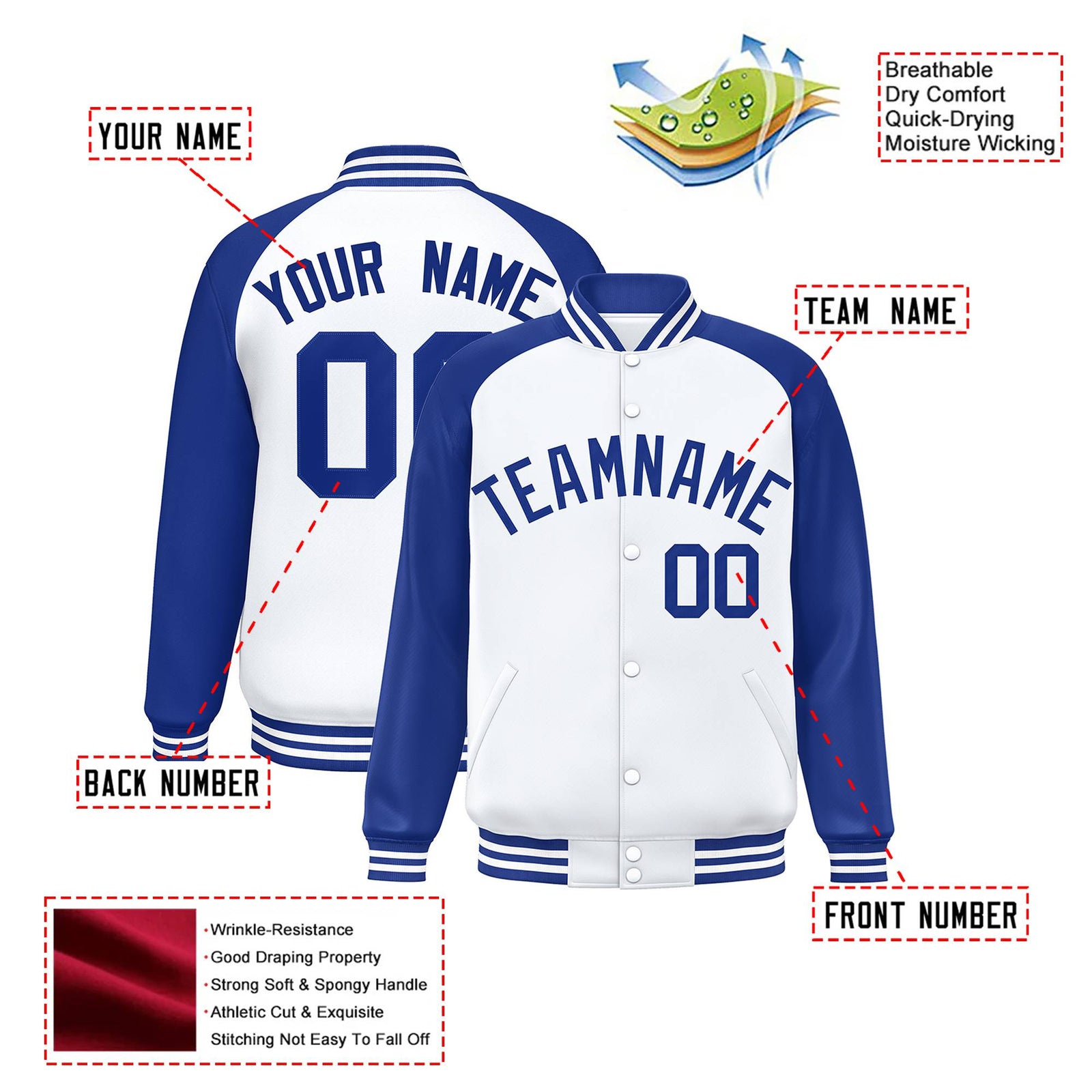 Custom White Thunder-Blue Bomber Raglan Sleeves Varsity Letterman Jacket