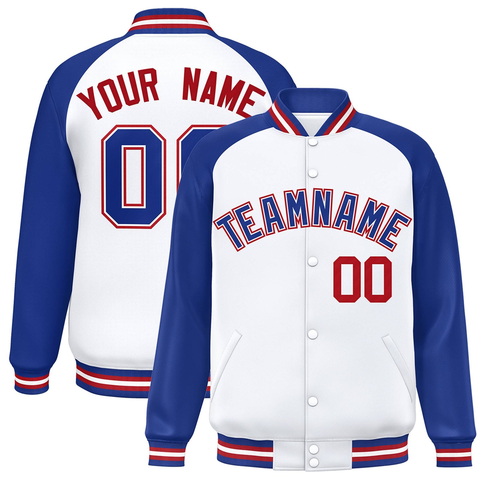 Custom White Thunder-Blue Red Bomber Raglan Sleeves Varsity Letterman Jacket
