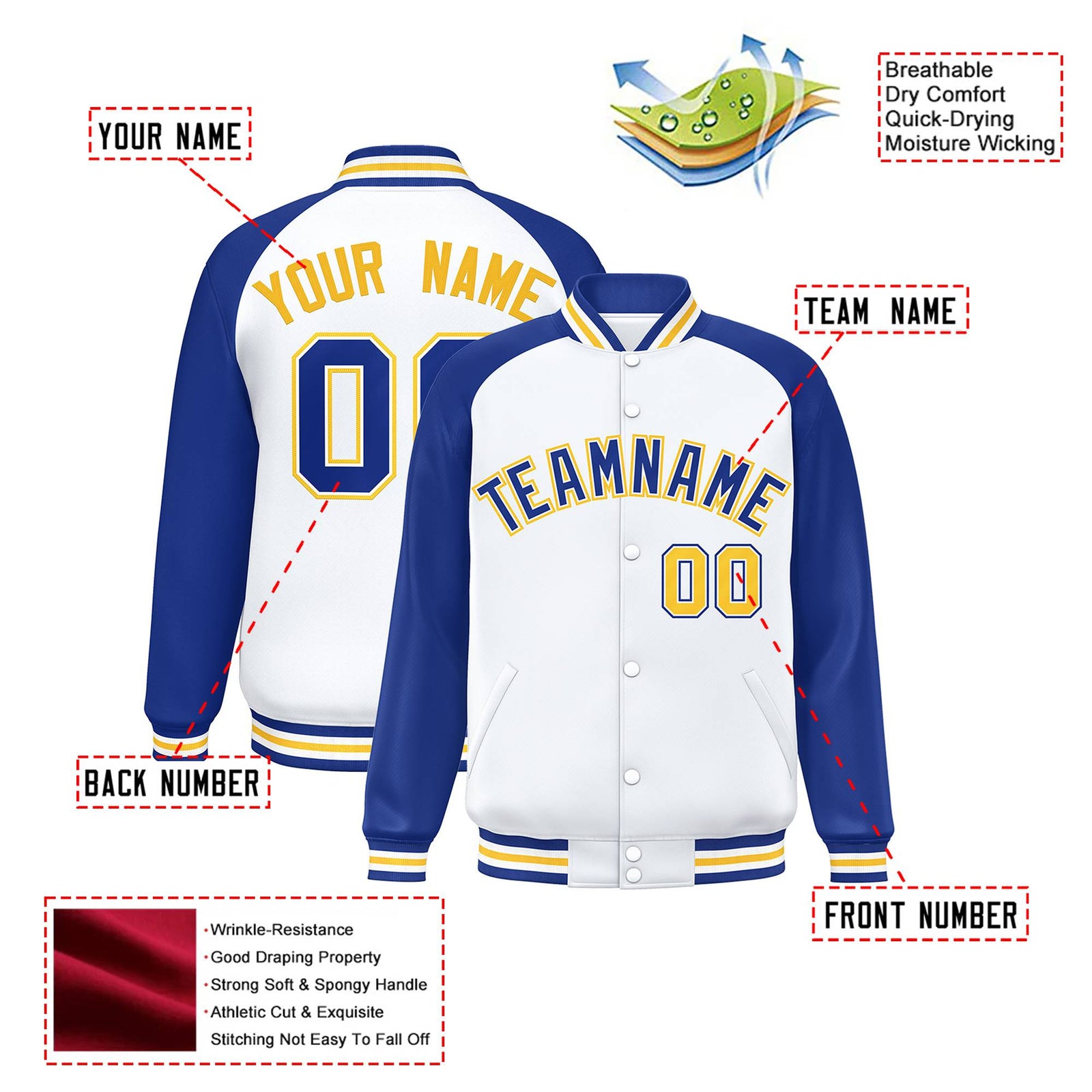 Custom White Thunder-Blue Yellow Bomber Raglan Sleeves Varsity Letterman Jacket