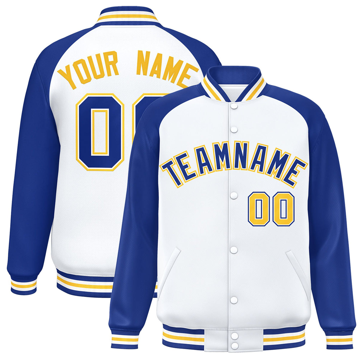 Custom White Thunder-Blue Yellow Bomber Raglan Sleeves Varsity Letterman Jacket
