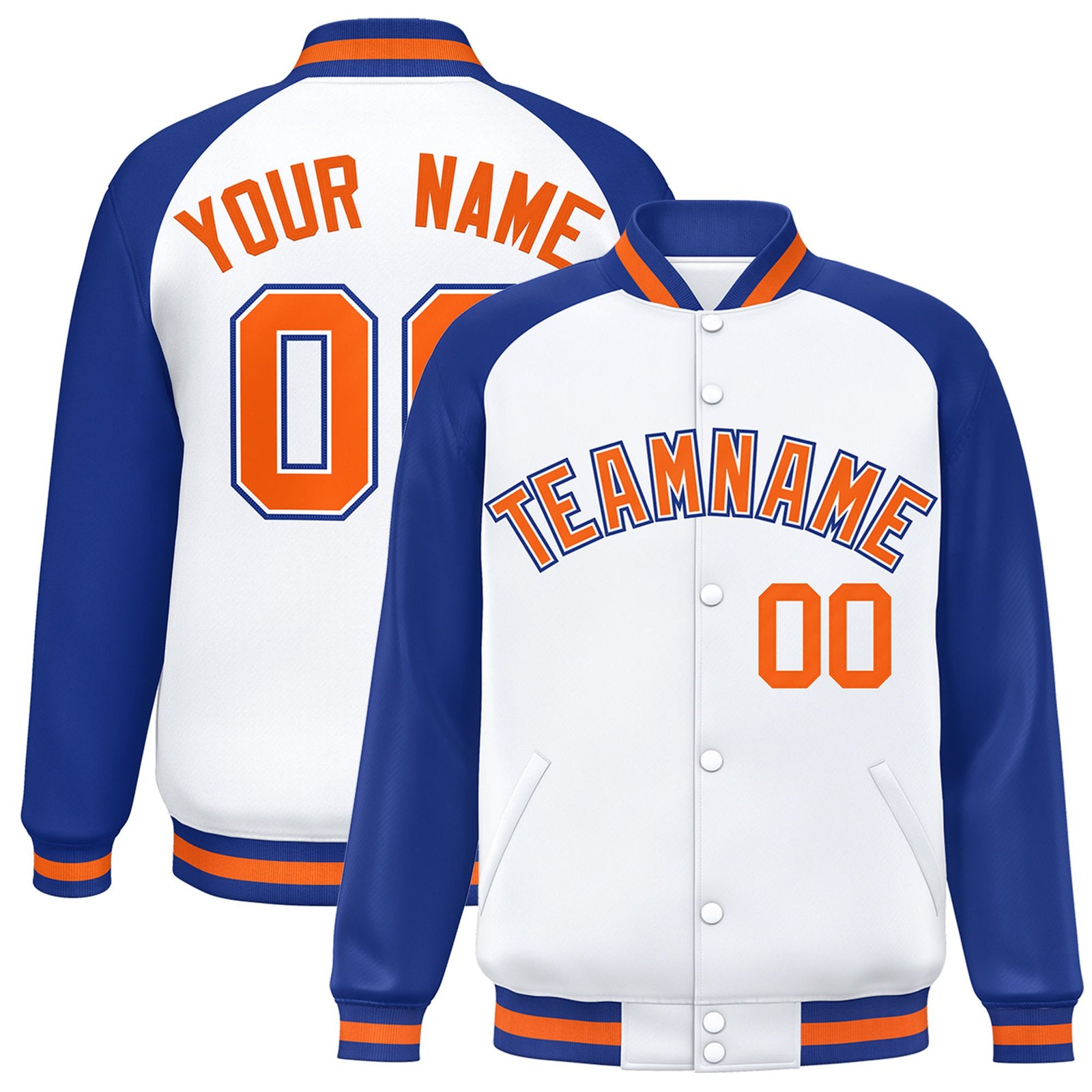 Custom White Thunder-Blue Orange Bomber Raglan Sleeves Varsity Letterman Jacket