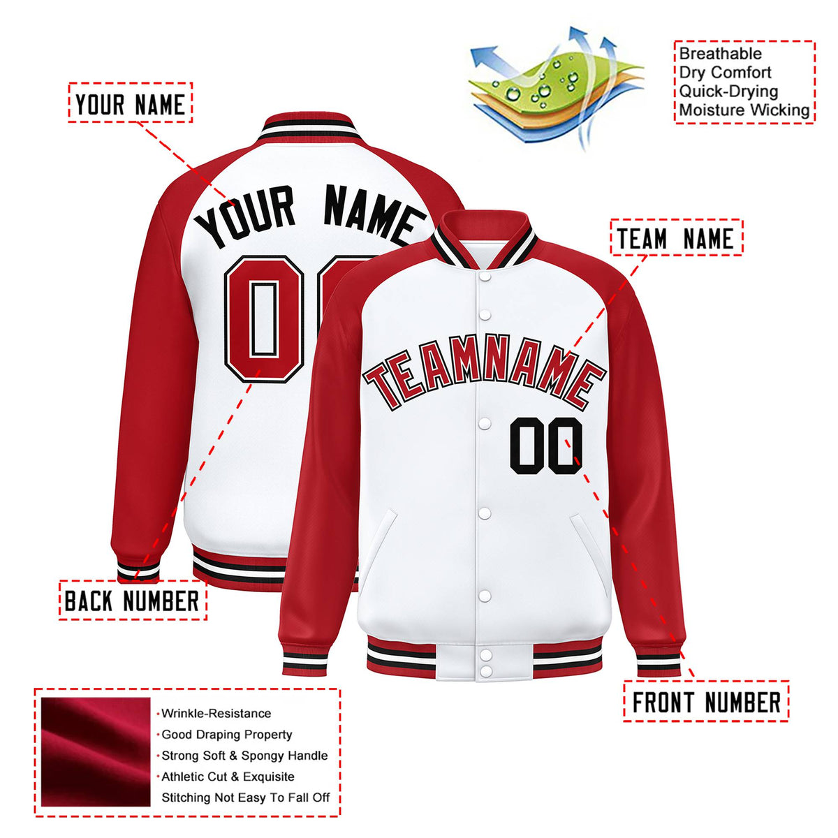 Custom White Red Black Bomber Raglan Sleeves Varsity Letterman Jacket