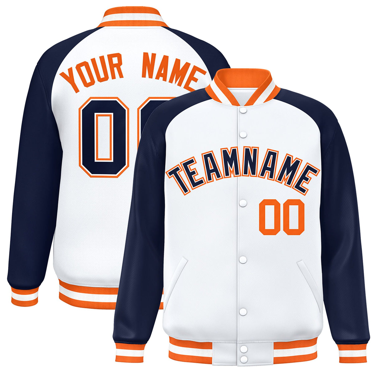 Custom White Navy Orange Bomber Raglan Sleeves Varsity Letterman Jacket