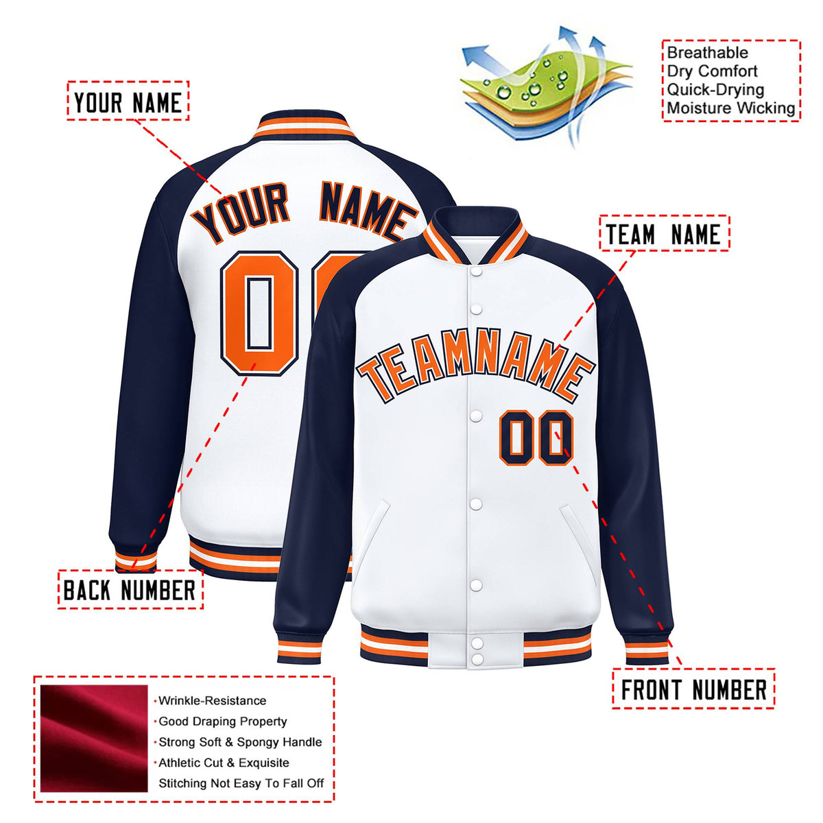 Custom White Navy Orange Bomber Raglan Sleeves Varsity Letterman Jacket