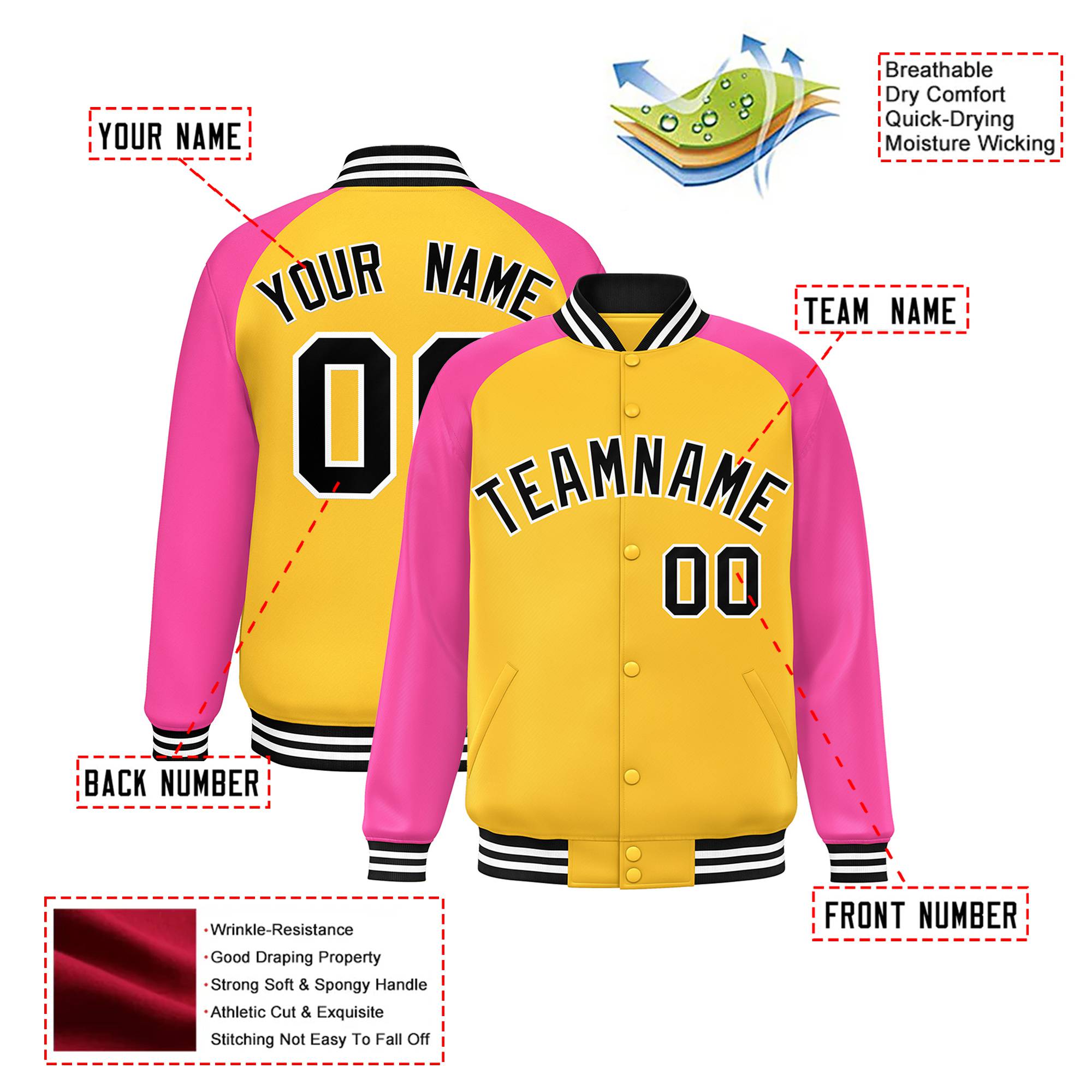 Custom Yellow Pink Black Bomber Raglan Sleeves Varsity Letterman Jacket