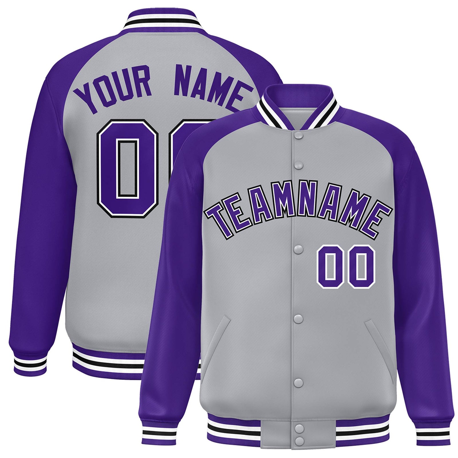Custom Gray Purple White Bomber Raglan Sleeves Varsity Letterman Jacket