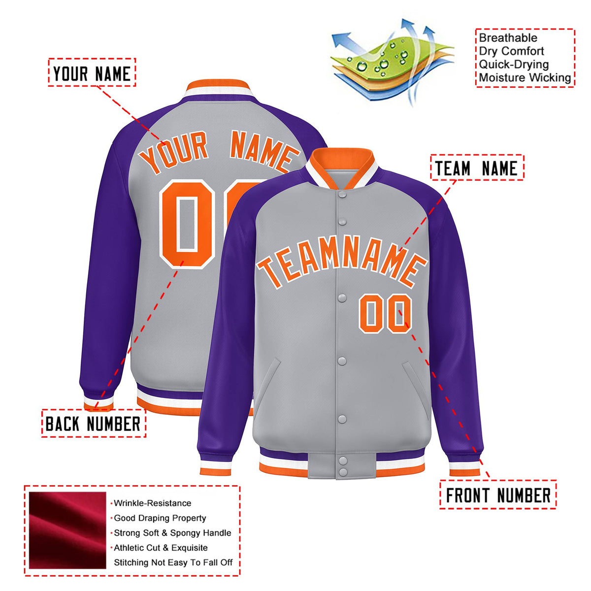 Custom Gray Purple Orange Bomber Raglan Sleeves Varsity Letterman Jacket