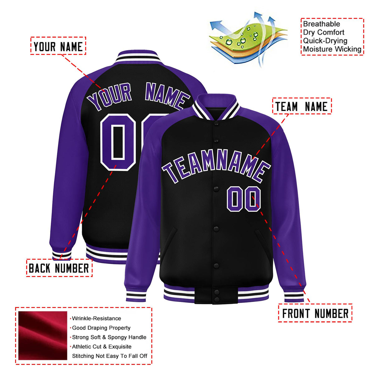 Custom Black Purple White Bomber Raglan Sleeves Varsity Letterman Jacket