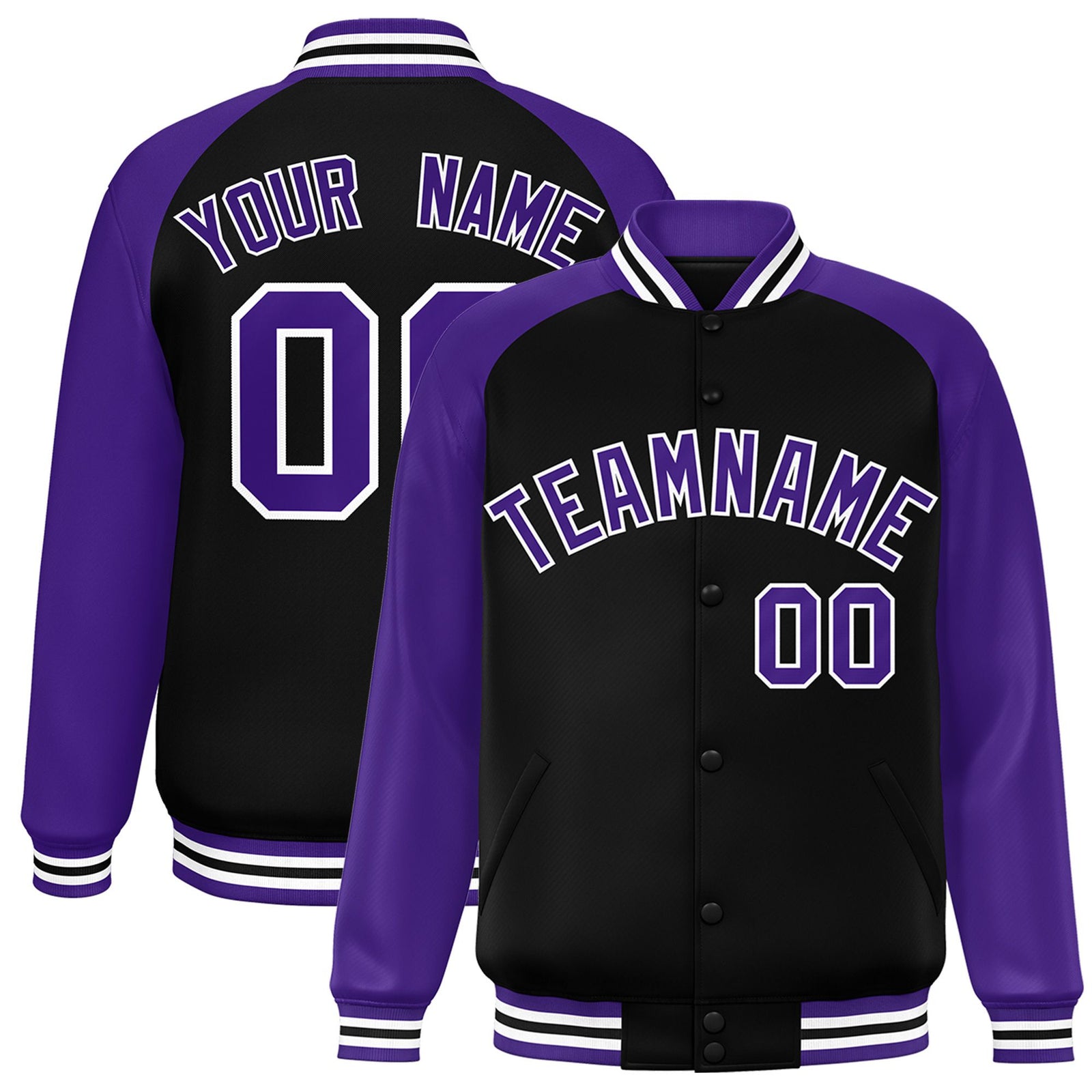 Custom Black Purple White Bomber Raglan Sleeves Varsity Letterman Jacket