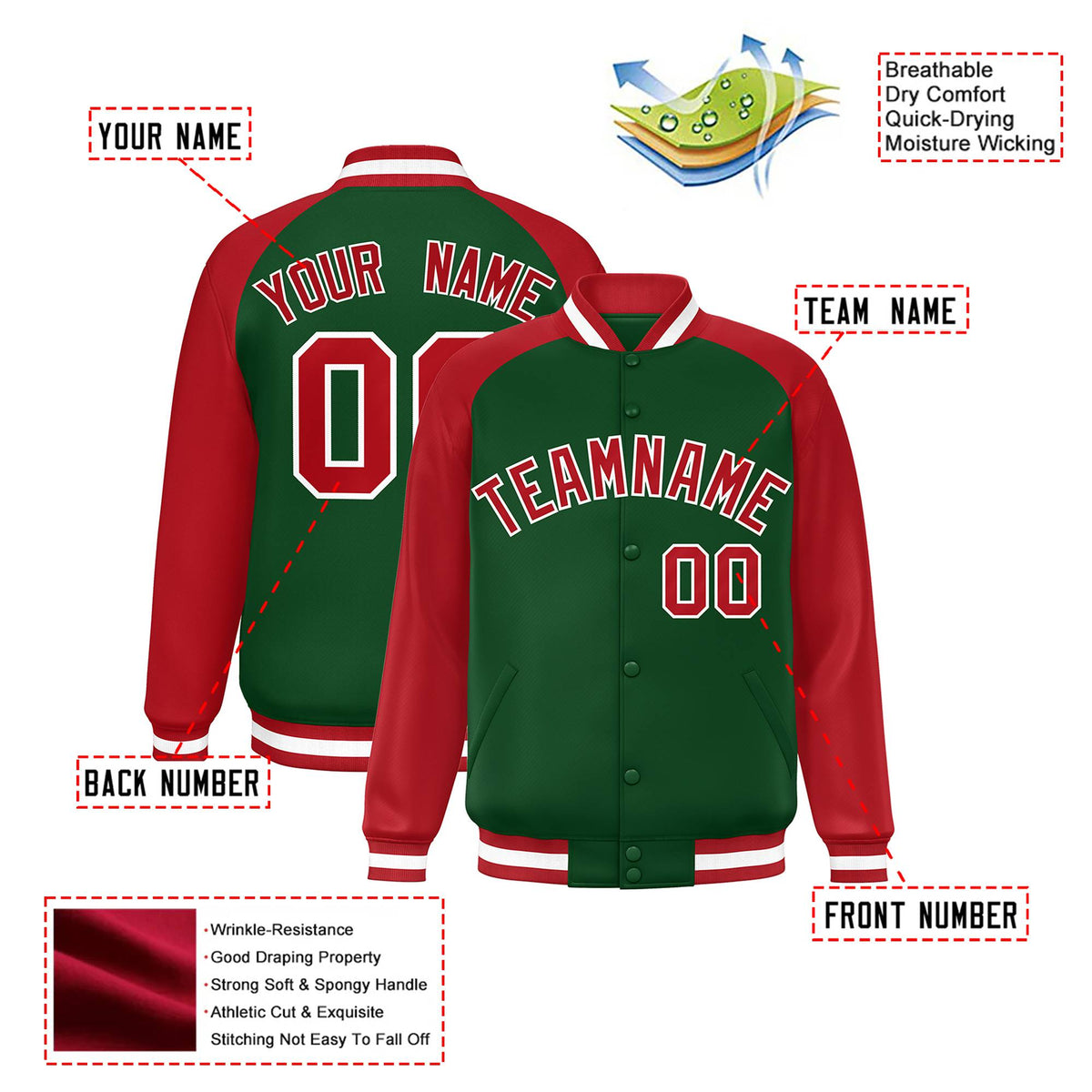 Custom Kelly Green Red White Bomber Raglan Sleeves Varsity Letterman Jacket