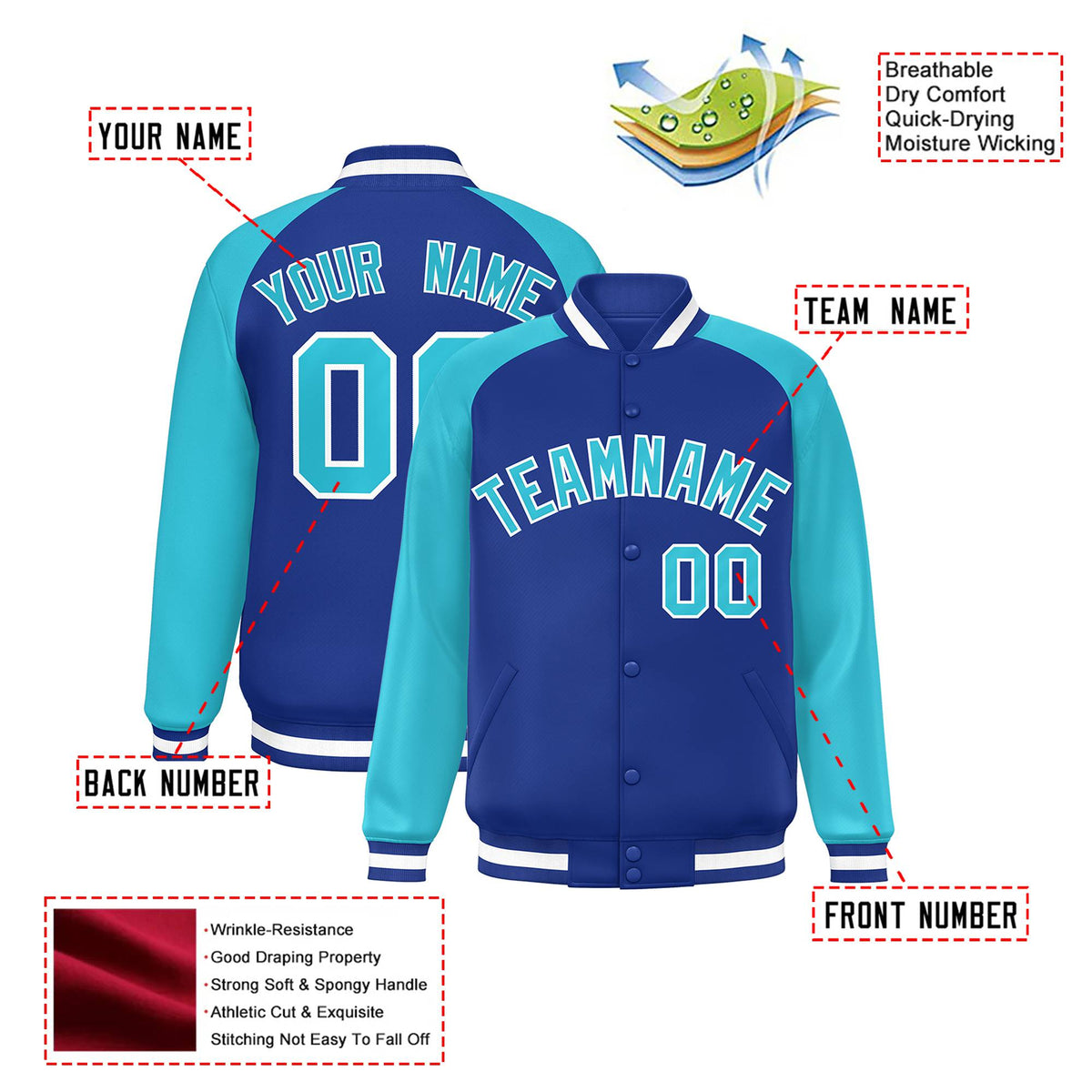 Custom Thunder-Blue Aqua-White Bomber Raglan Sleeves Varsity Letterman Jacket