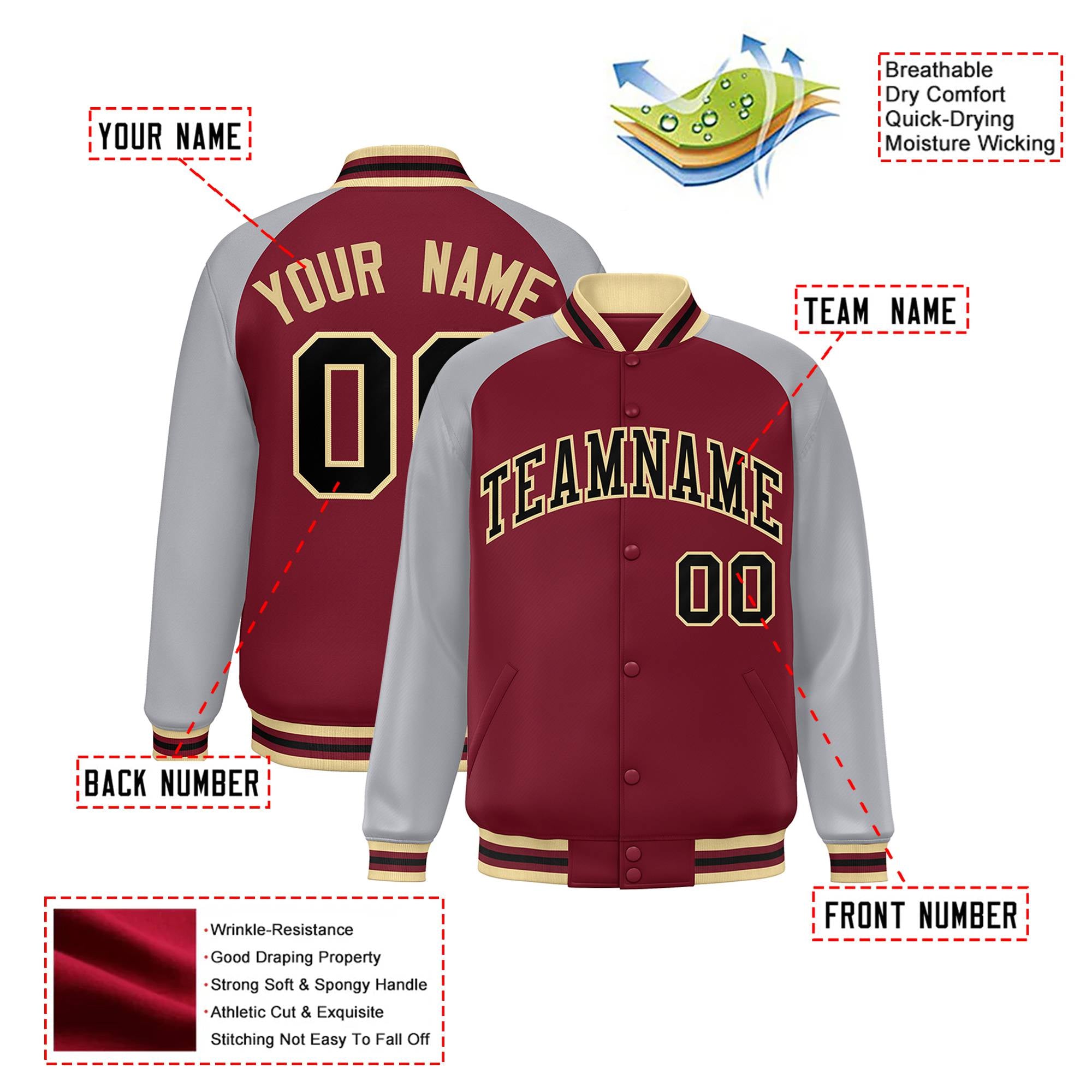 Custom Royal-Red Gray Black Old-Gold Bomber Raglan Sleeves Varsity Letterman Jacket