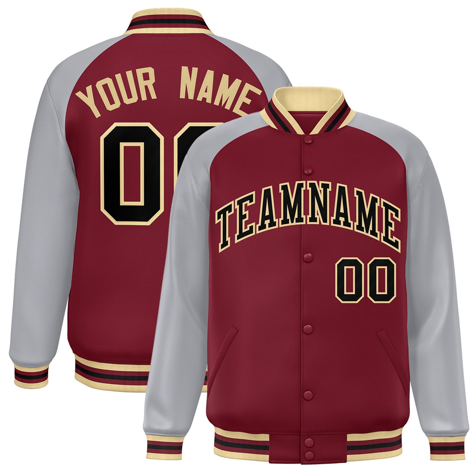 Custom Royal-Red Gray Black Old-Gold Bomber Raglan Sleeves Varsity Letterman Jacket