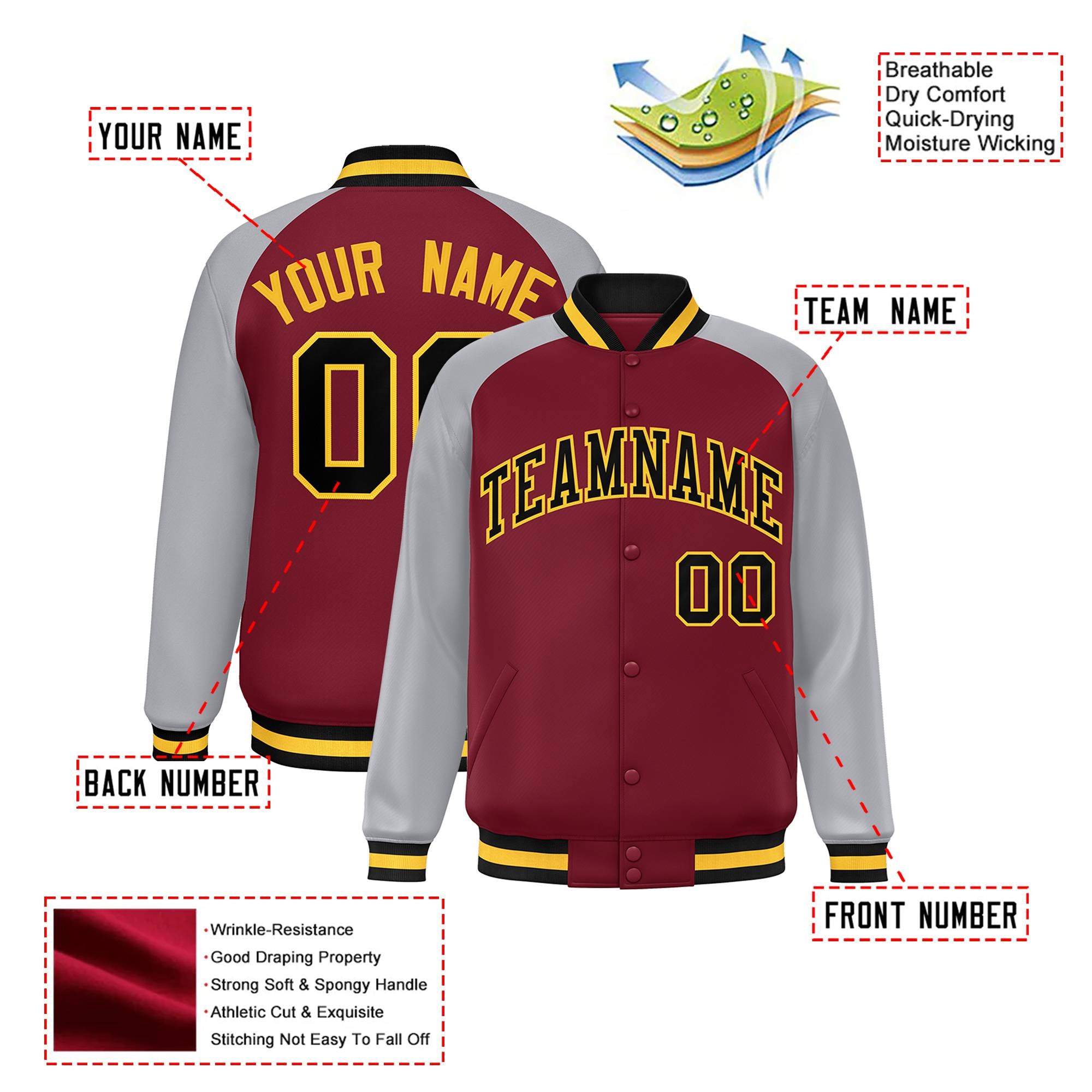 Custom Royal-Red Gray Black-Gold Bomber Raglan Sleeves Varsity Letterman Jacket