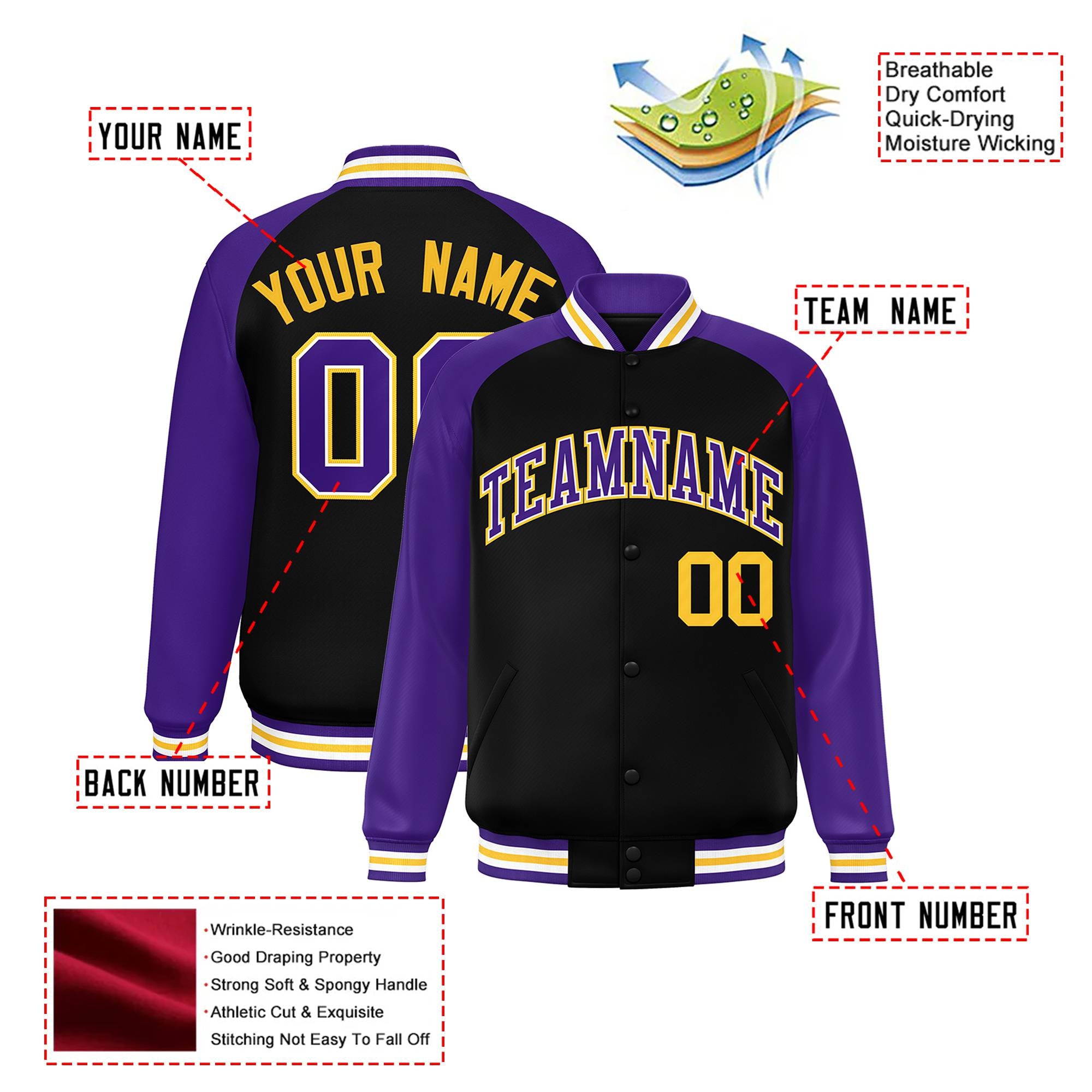 Custom Black Purple-Yellow Bomber Raglan Sleeves Varsity Letterman Jacket