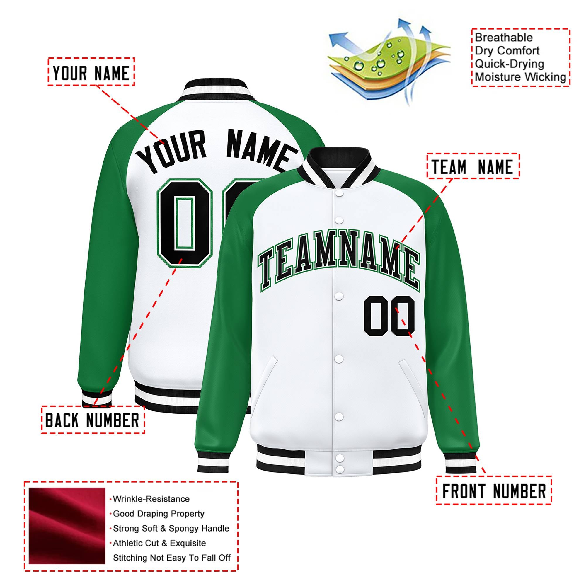 Custom White Neon-Green Black Bomber Raglan Sleeves Varsity Letterman Jacket