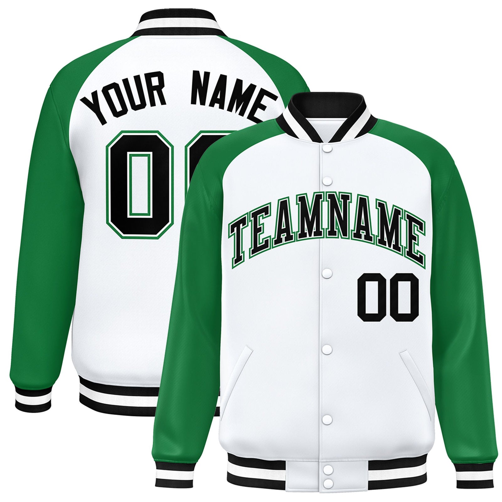 Custom White Neon-Green Black Bomber Raglan Sleeves Varsity Letterman Jacket
