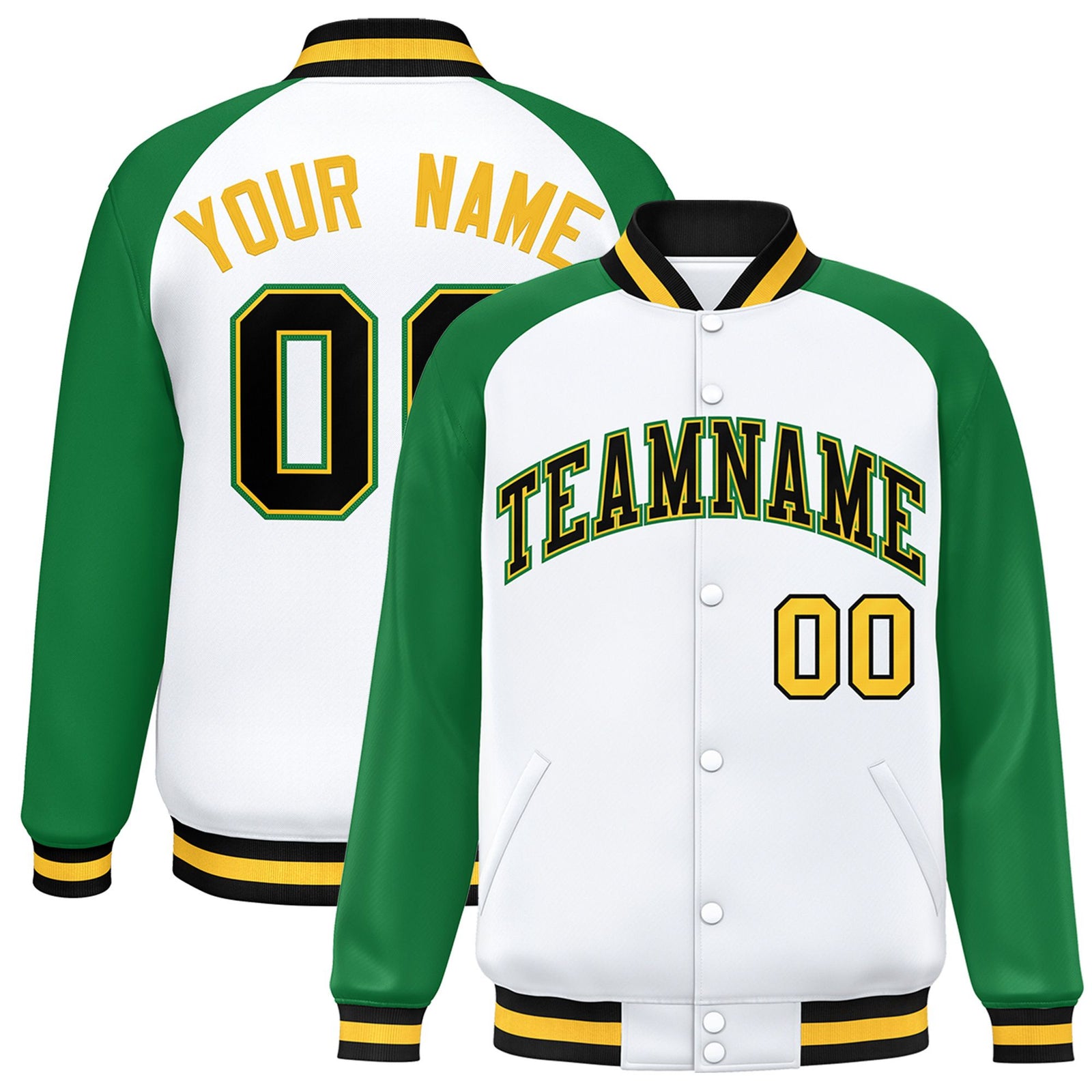 Custom White Neon-Green Black-Yellow Bomber Raglan Sleeves Varsity Letterman Jacket