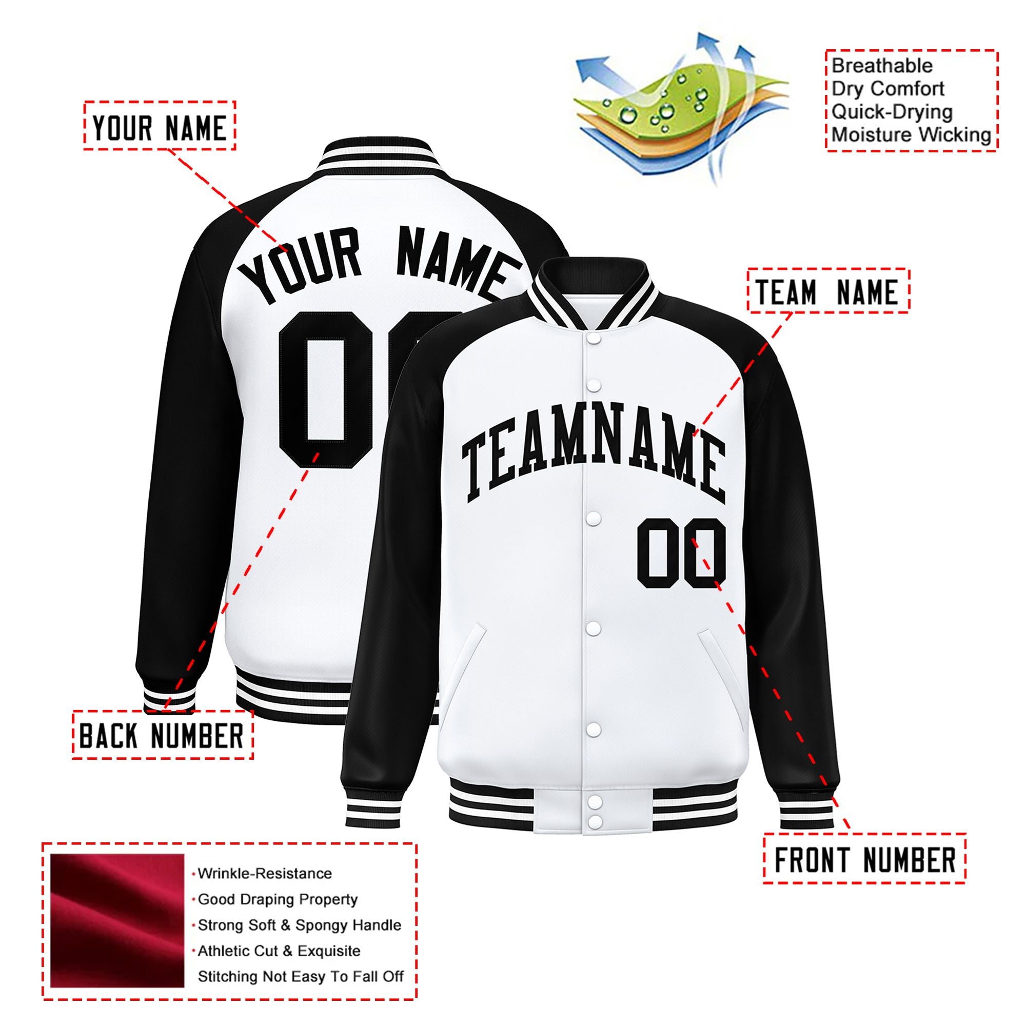 Custom White-Black Bomber Raglan Sleeves Varsity Letterman Jacket