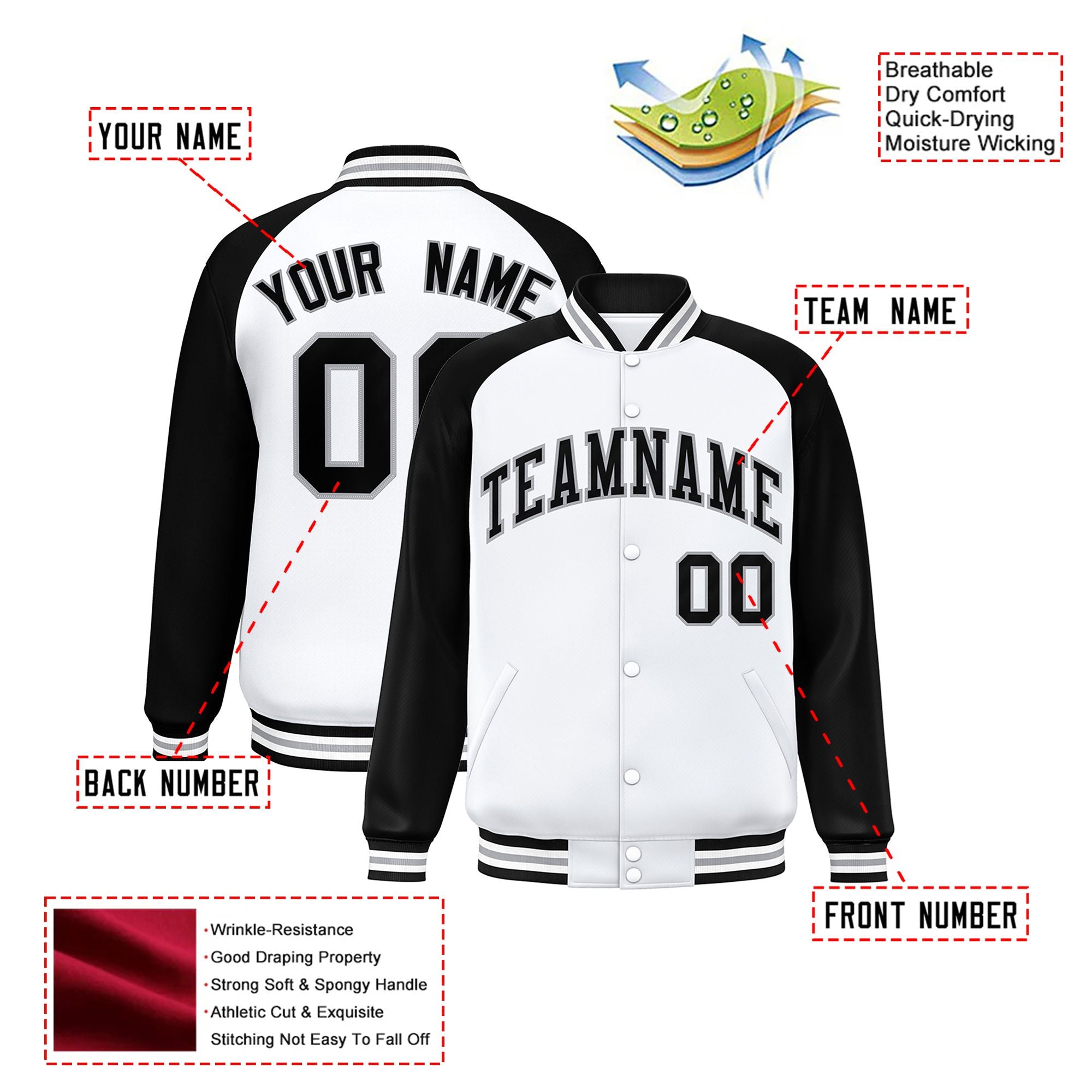 Custom White Black-Gray Bomber Raglan Sleeves Varsity Letterman Jacket