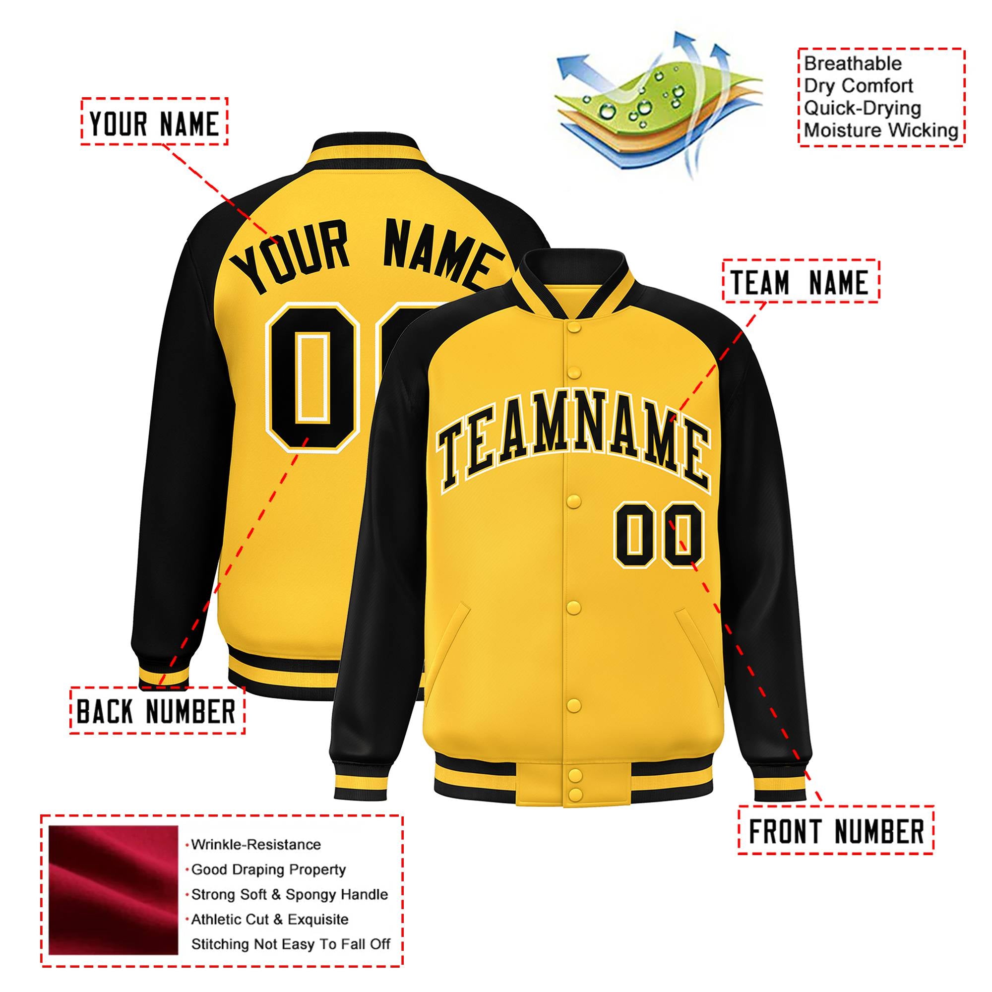 Custom Yellow Black Bomber Raglan Sleeves Varsity Letterman Jacket