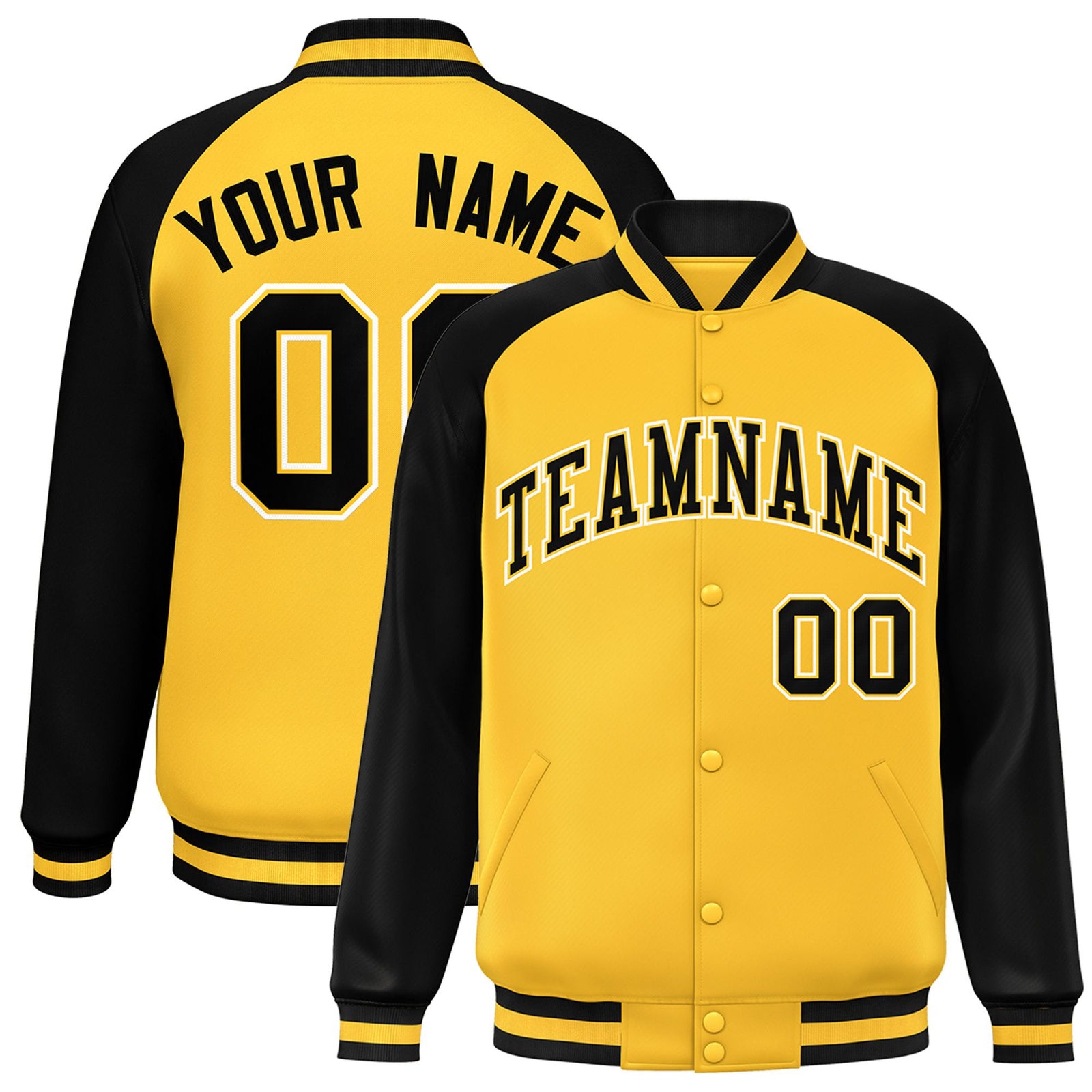 Custom Yellow Black Bomber Raglan Sleeves Varsity Letterman Jacket