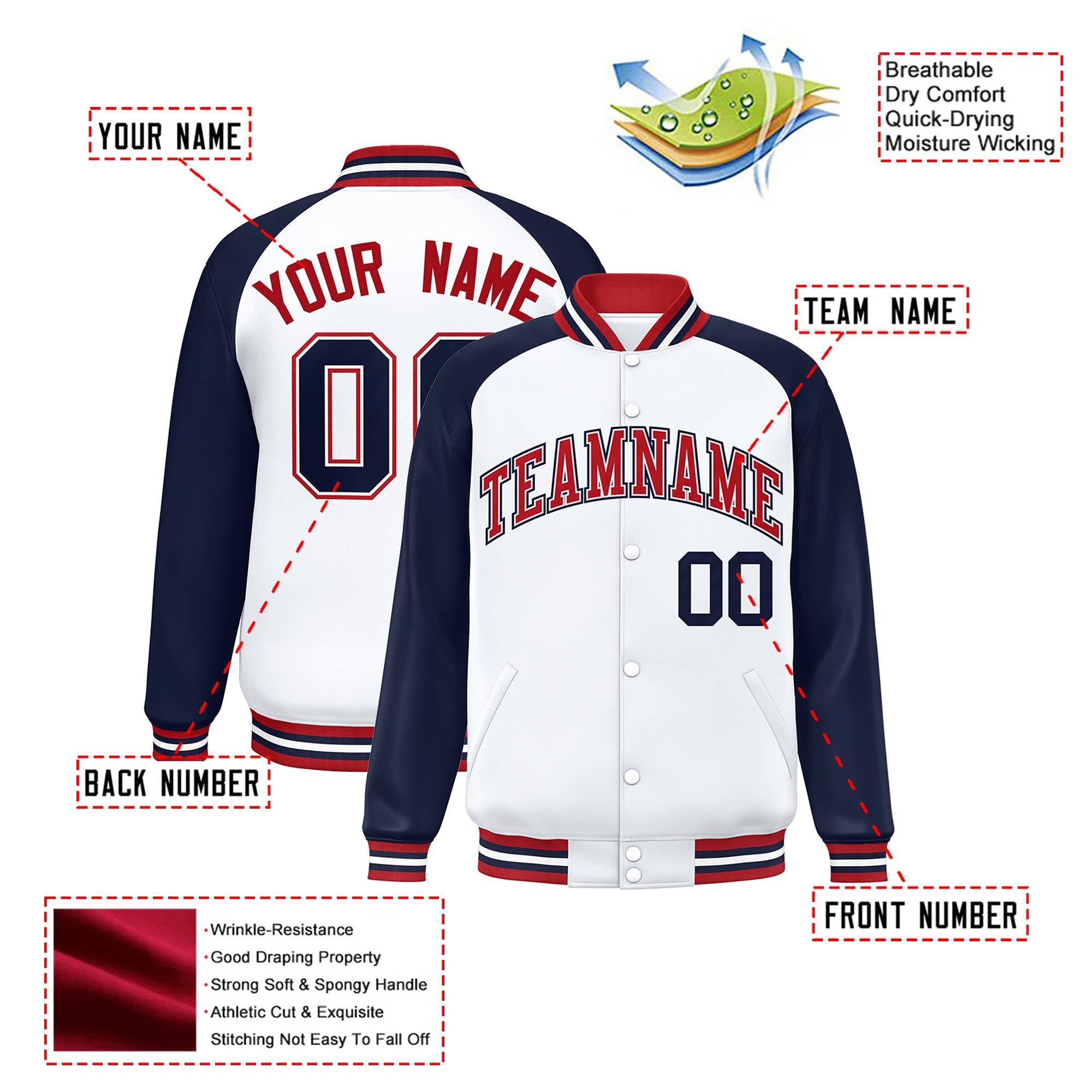 Custom White Navy-Red Bomber Raglan Sleeves Varsity Letterman Jacket