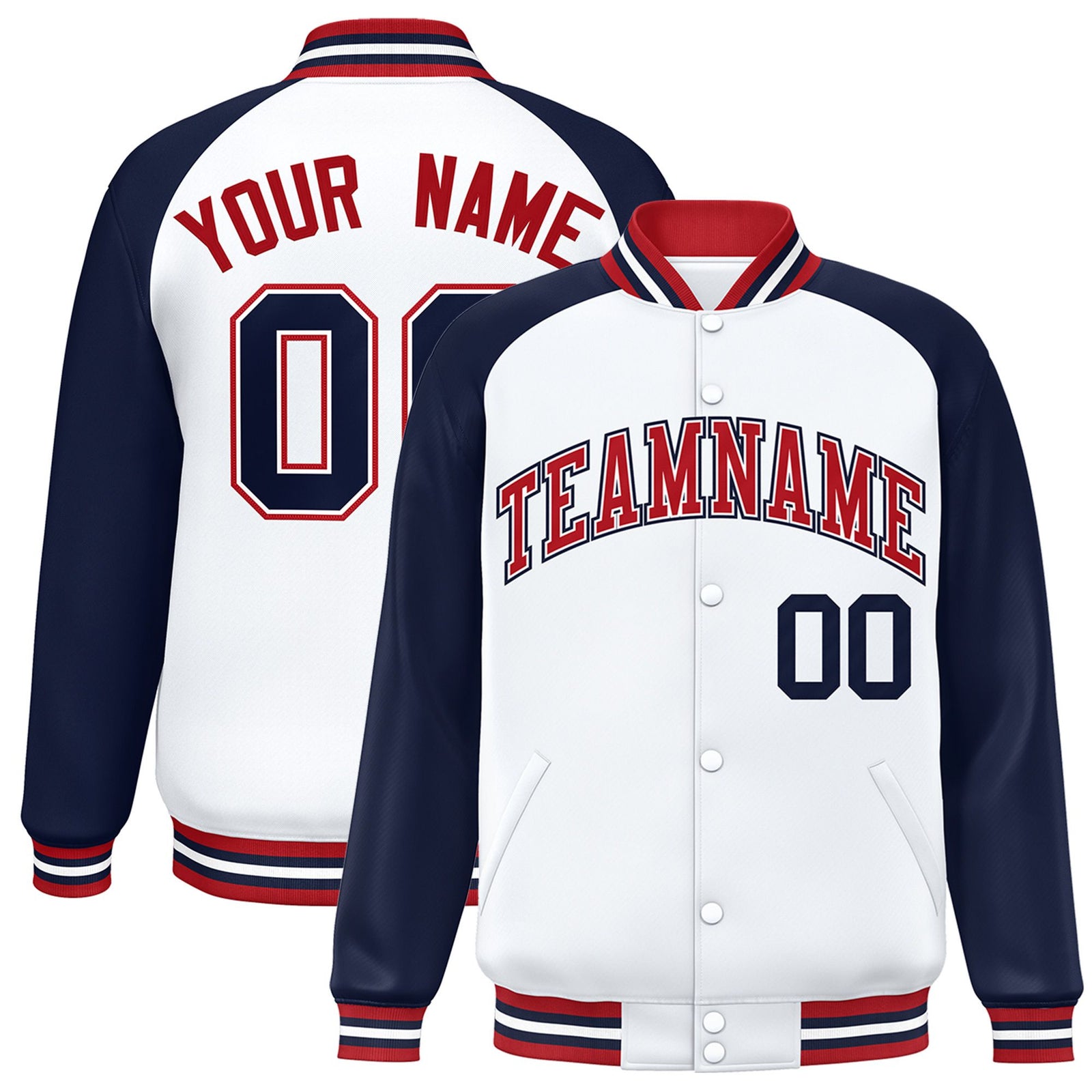 Custom White Navy-Red Bomber Raglan Sleeves Varsity Letterman Jacket