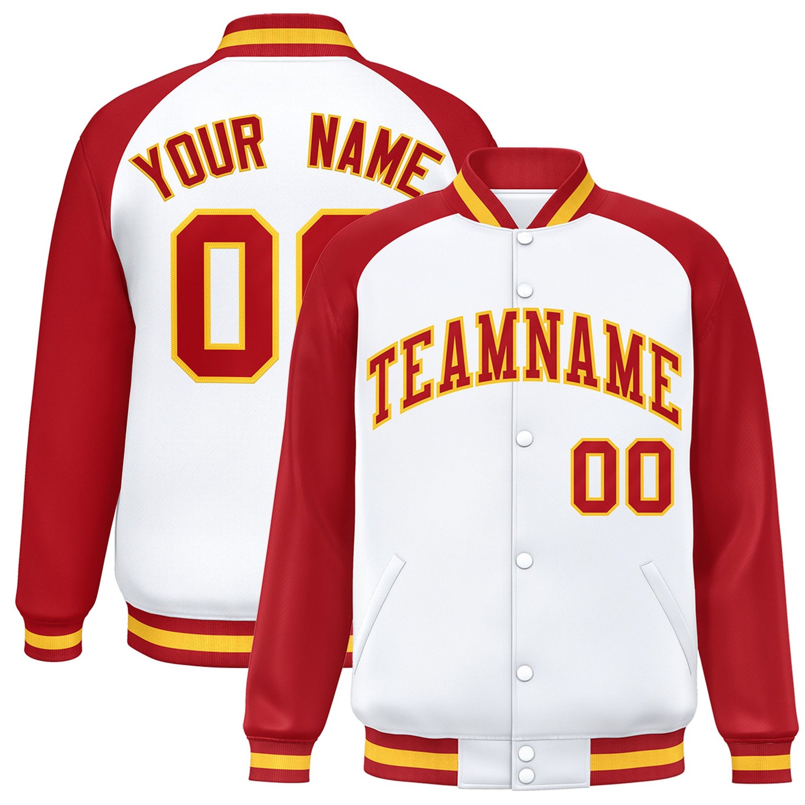 Custom White Red-Yellow Bomber Raglan Sleeves Varsity Letterman Jacket