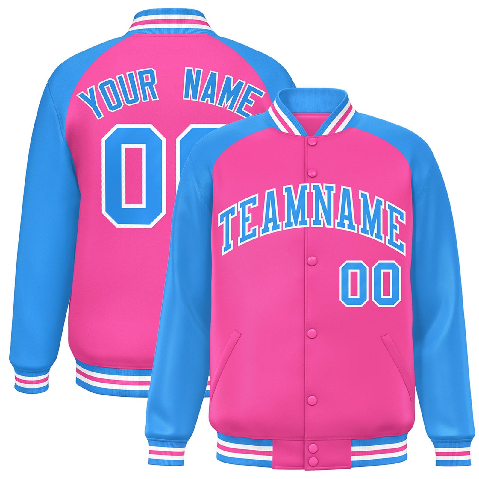 Custom Pink Blue-White Bomber Raglan Sleeves Varsity Letterman Jacket