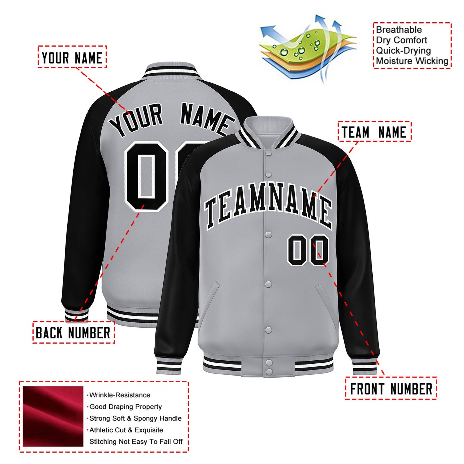 Custom Gray Black-White Bomber Raglan Sleeves Varsity Letterman Jacket