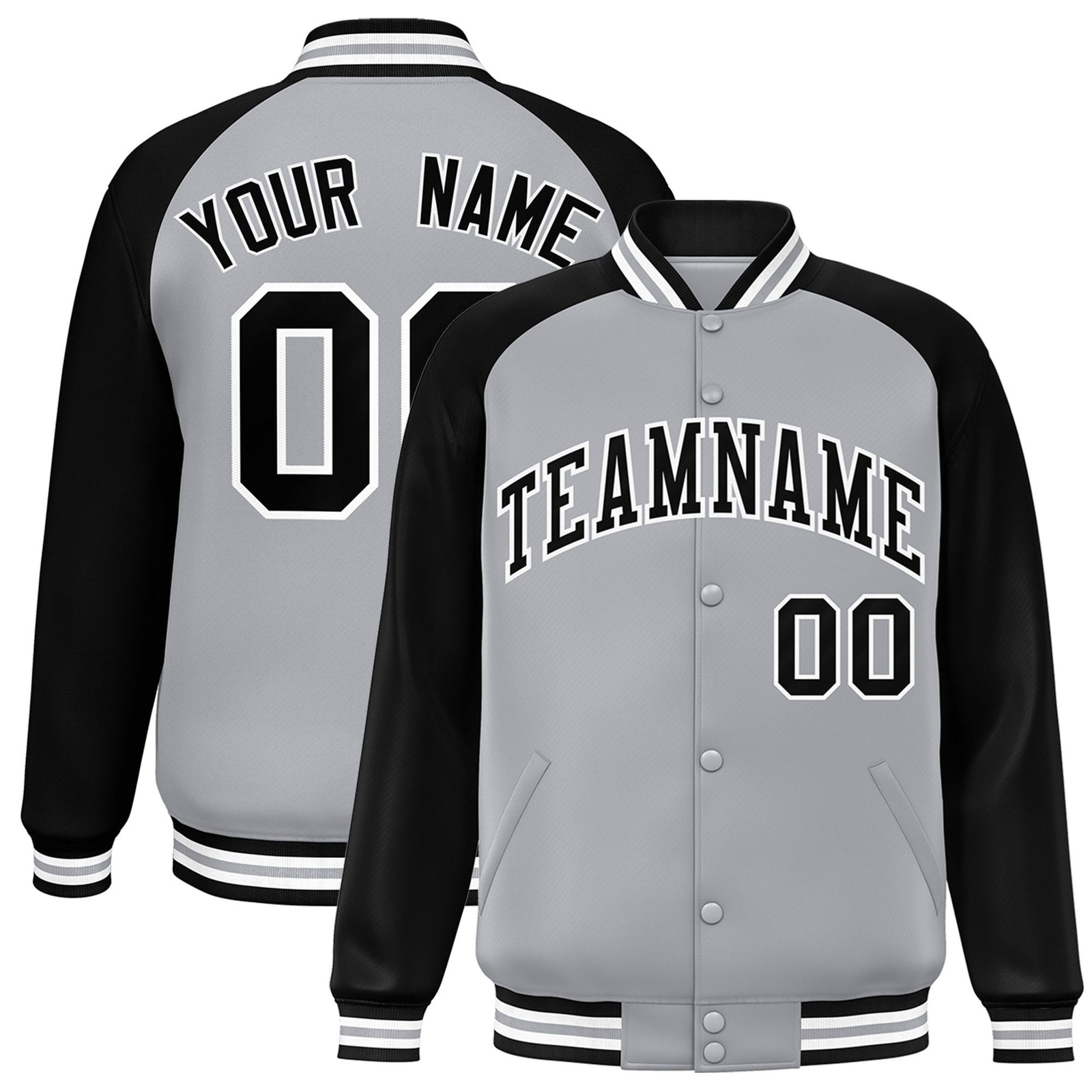 Custom Gray Black-White Gray Bomber Raglan Sleeves Varsity Letterman Jacket
