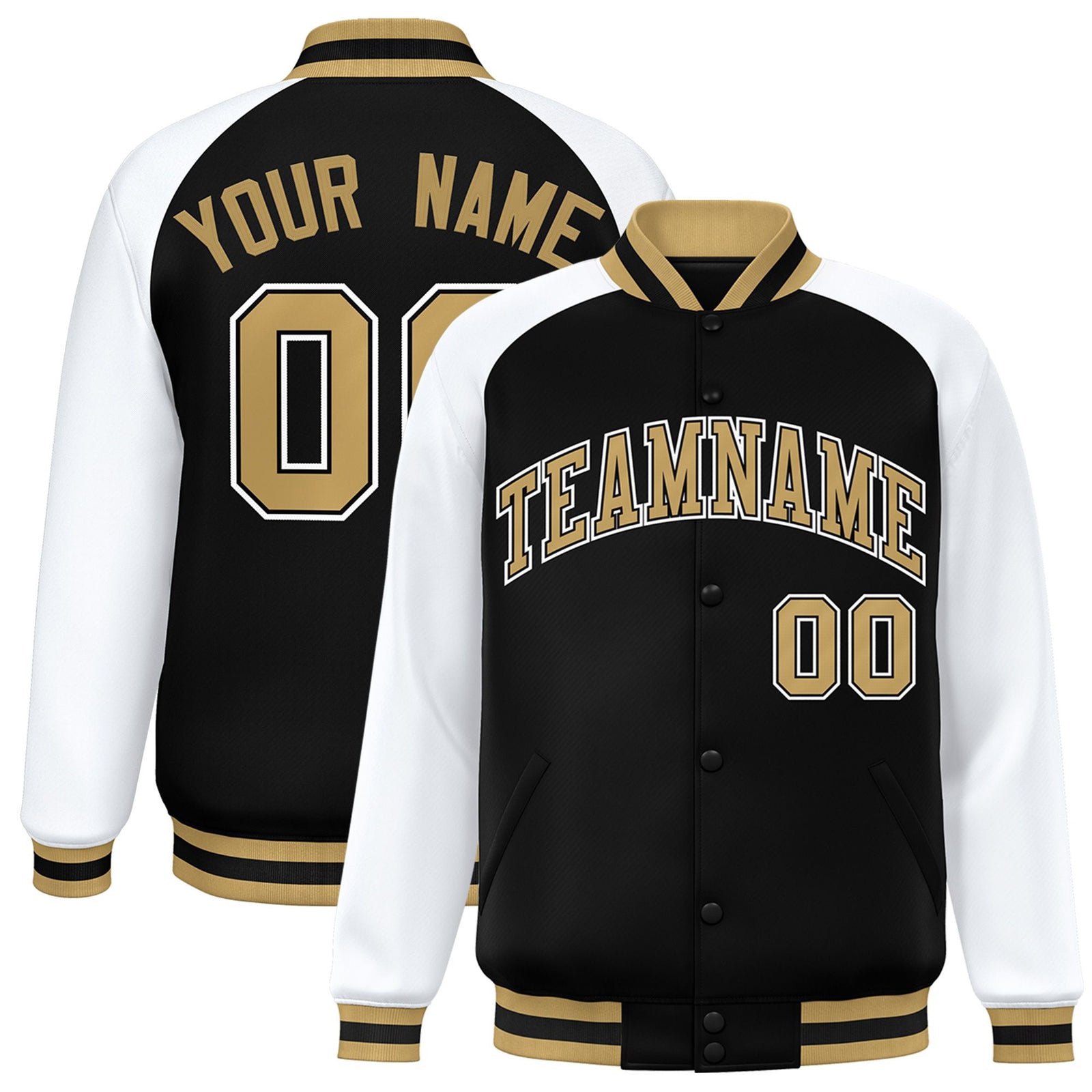 Custom Black White Old-Gold Bomber Raglan Sleeves Varsity Letterman Jacket